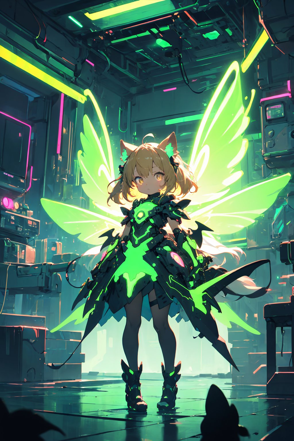 masterpiece,best quality,ultra detailed,highres,absurdres,illustratio,anthro,cute,kawaii,1girl,solo,dog ears,blonde hair,gradient brown eyes,(glowing neon green mechanical wings:1.3),high-contrast anime-style,(darkness room:1.3),fairy dress,