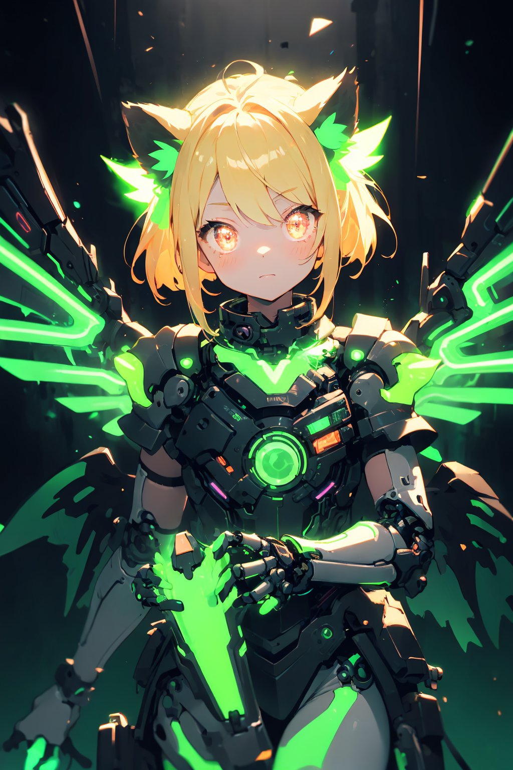 anthro,cute,kawaii,1girl,solo,dog ears,blonde hair,gradient brown eyes,(glowing neon green mechanical wings:1.3),high-contrast anime-style,(darkness room:1.3)