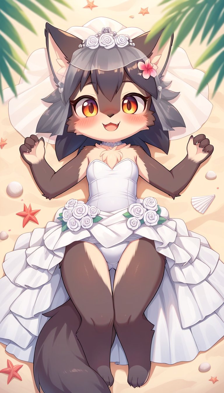 score_9_up, score_8_up, score_7_up,score_6_up,source_anime,source_furry,,best quality,masterpiece,illustration,1girl,solo,wolf girl,(fluffy body:1.5),(wedding dress:1.3),(swimsuit:0.8),happy,blush,beach,summer,(photography event:1.1),(furry:1.3),(on back:1.1),loli,bridal jewelry,