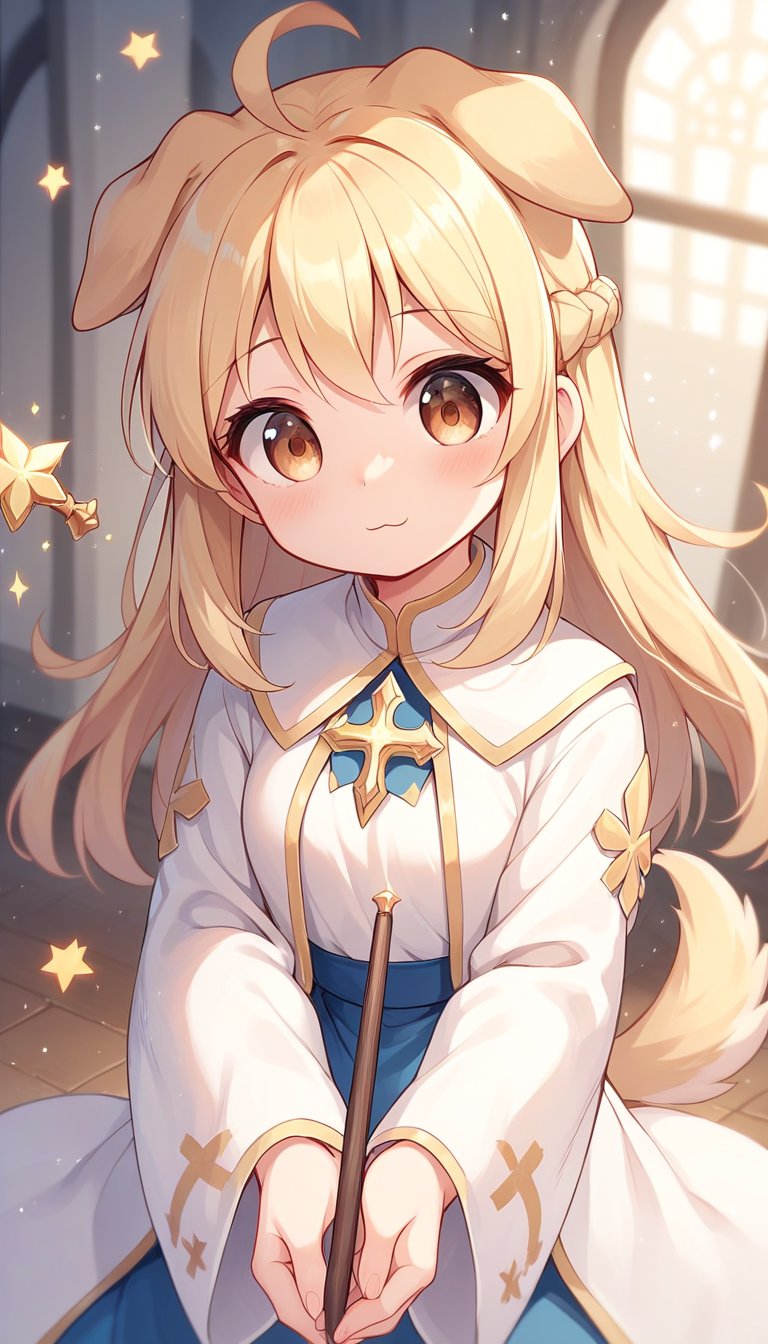 score_9_up, score_8_up, score_7_up,score_6_up,score_5_up,best quality,masterpiece,illustration,cute,kawaii,1girl,solo,dog ears,blonde hair,french braid,gradient brown eyes,healing magic,wand,priestess