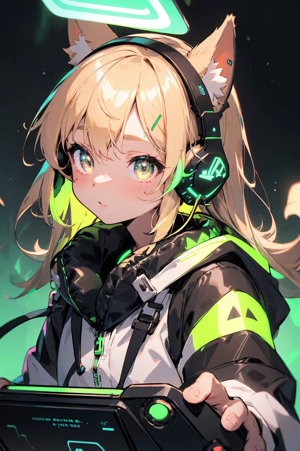 masterpiece,best quality,ultra detailed,highres,absurdres,illustratio,anthro,cute,kawaii,1girl,solo,dog ears,blonde hair,gradient brown eyes,(glowing neon green gaming headphone:1.2),cool,stylish,pop art,