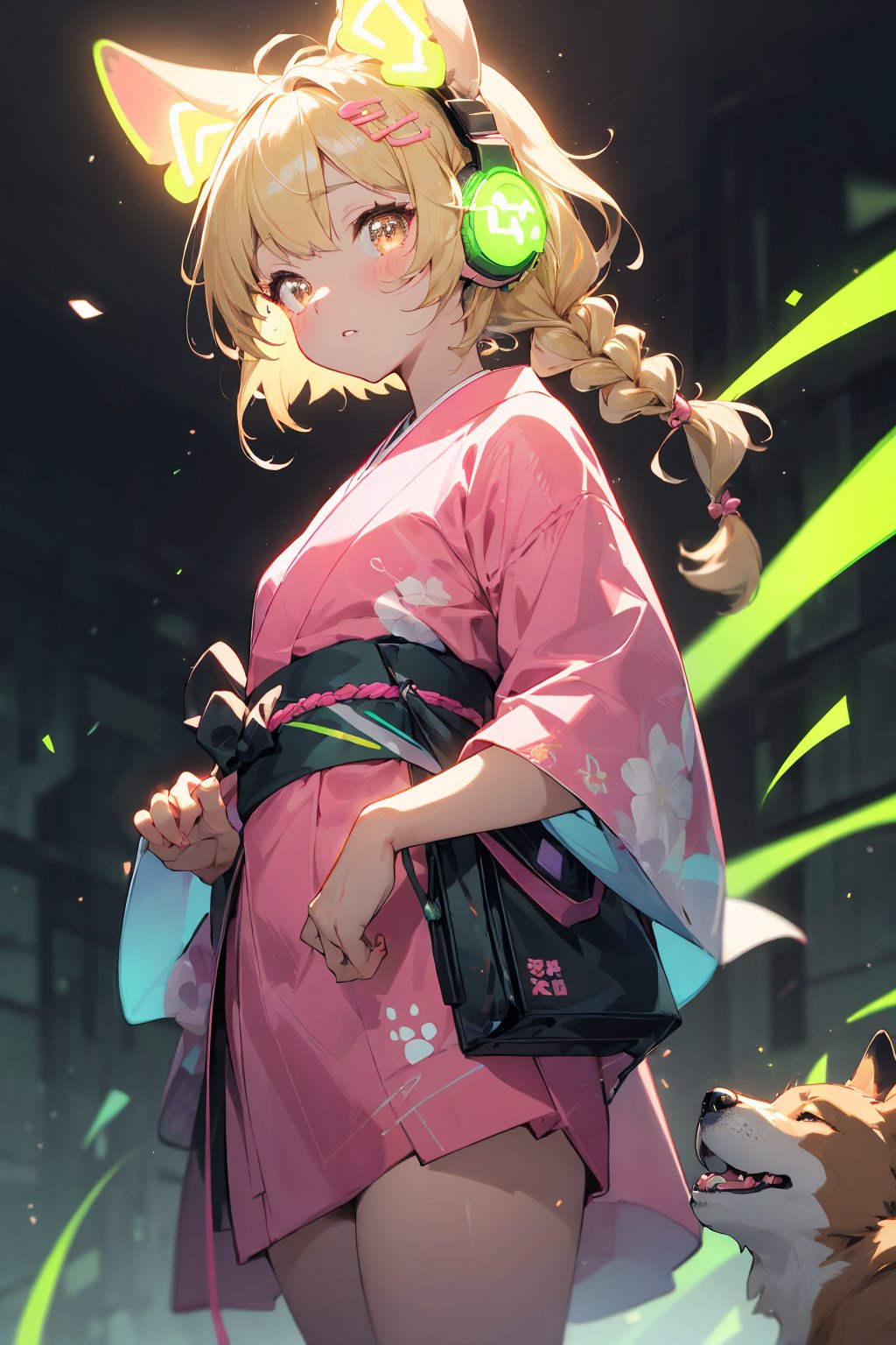 masterpiece,best quality,ultra detailed,highres,absurdres,illustratio,anthro,cute,kawaii,1girl,solo,dog ears,blonde hair,gradient brown eyes,(glowing neon green　headphone:1.2),cool,stylish,french_braid,pink kimono dress,kanzashi,