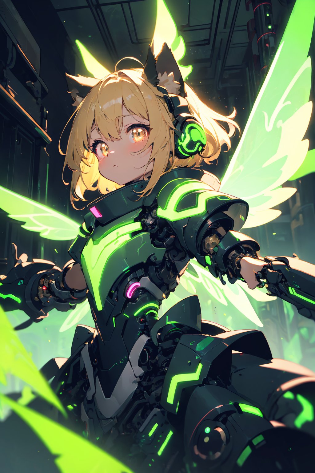 masterpiece,best quality,ultra detailed,highres,absurdres,illustratio,anthro,cute,kawaii,1girl,solo,dog ears,blonde hair,gradient brown eyes,(glowing neon green mechanical wings:1.3),high-contrast anime-style,(darkness room:1.3),fairy dress,