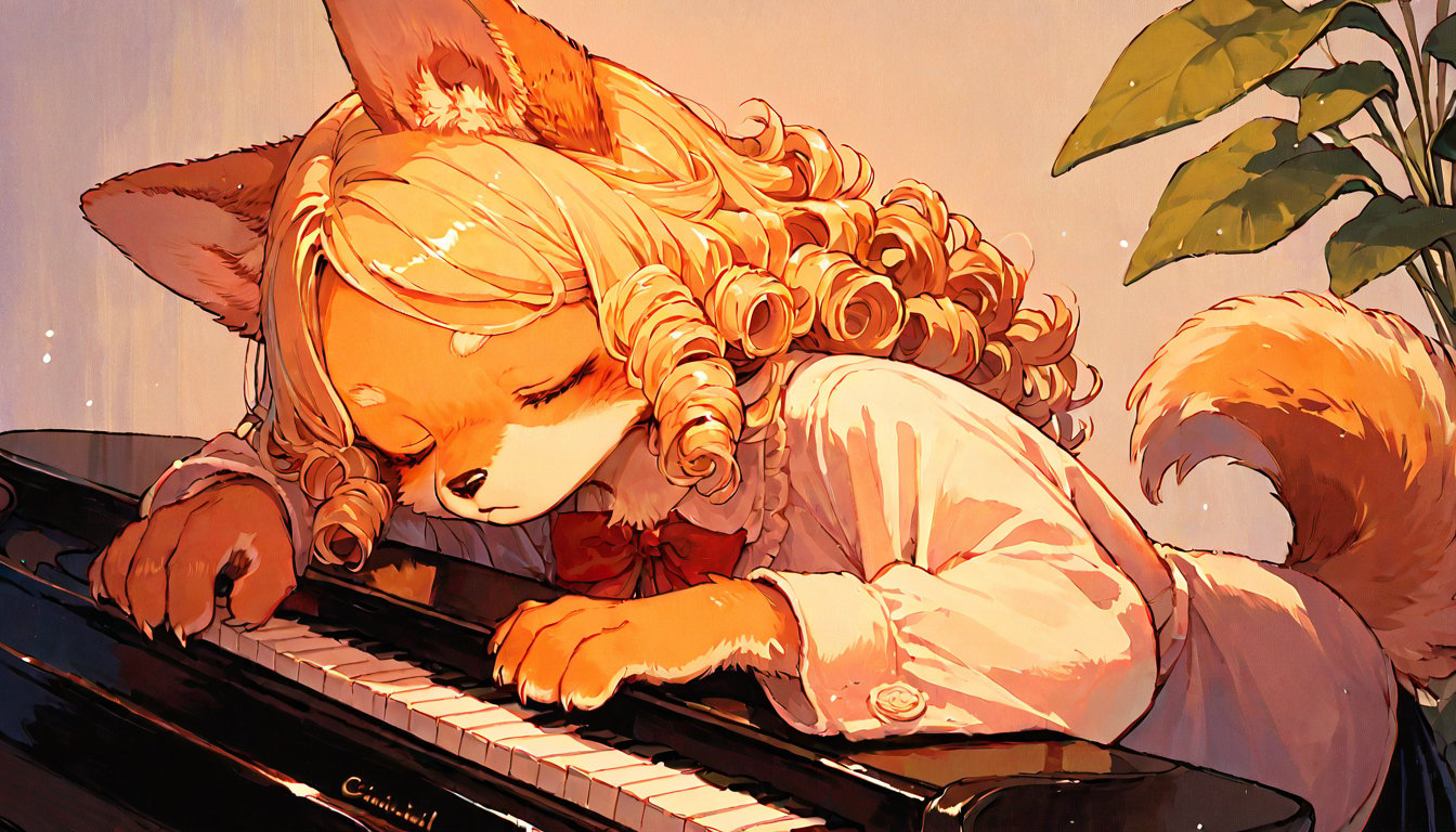 score_9, score_8up, score_7up, score_6up, score_5up,source_anime,cute,kawaii,1girl,solo,blonde hair,dog ears fluff,,brown eyes,(playing piano:1.3),closed eyes,Oil painting style,Fine art parody,(furry:1.3),(Serious:0.7),curly hair,(pianist:1.3)