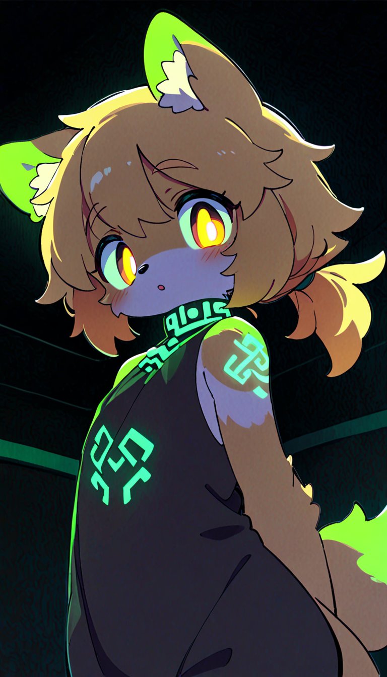 (furry:1.3),anthro,cute,kawaii,1girl,solo,dog ears,blonde hair,gradient brown eyes,indoors,(dark room:1.4),her body adorned with (glowing neon green Ancient magical tattoo,upper body:1.5),high-contrast anime-style,full body,