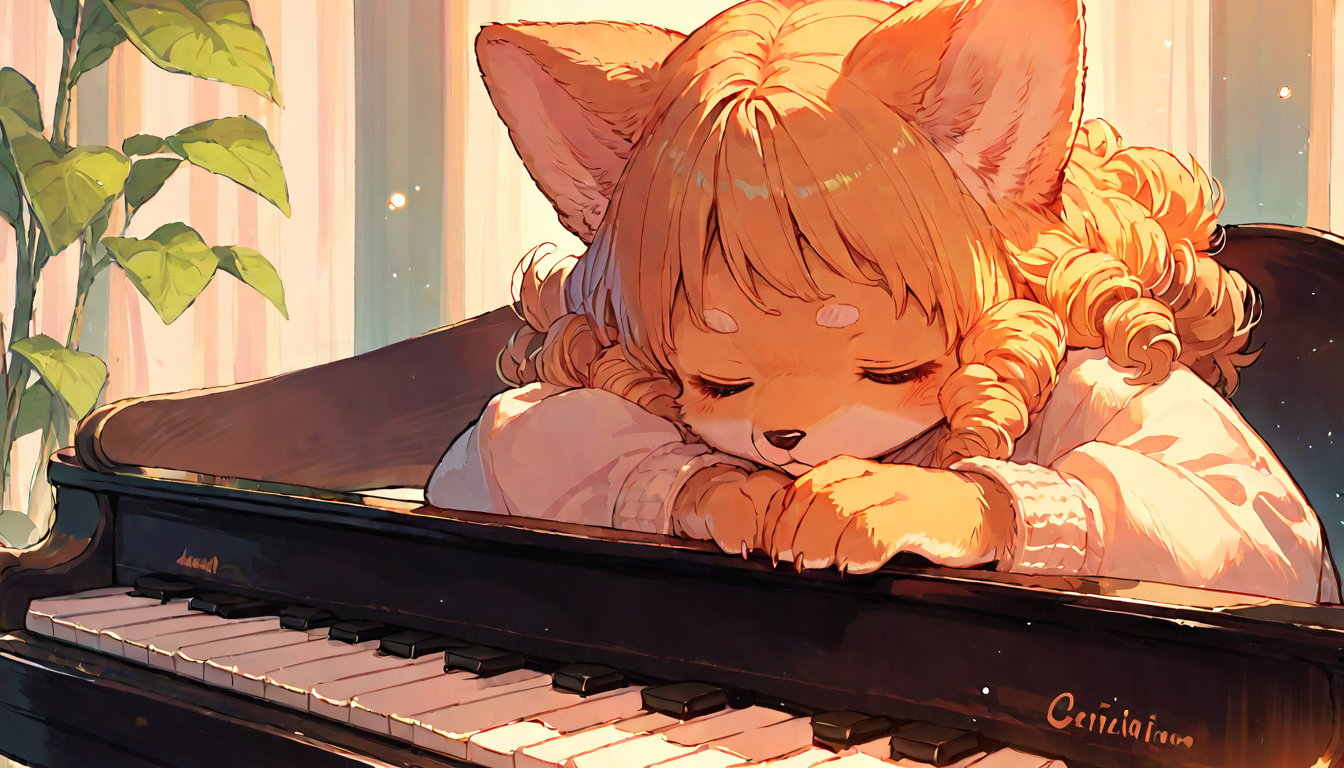 score_9, score_8up, score_7up, score_6up, score_5up,source_anime,cute,kawaii,1girl,solo,blonde hair,dog ears fluff,,brown eyes,(playing piano:1.3),closed eyes,(furry:1.3),(Serious:0.7),curly hair,(pianist:1.3)