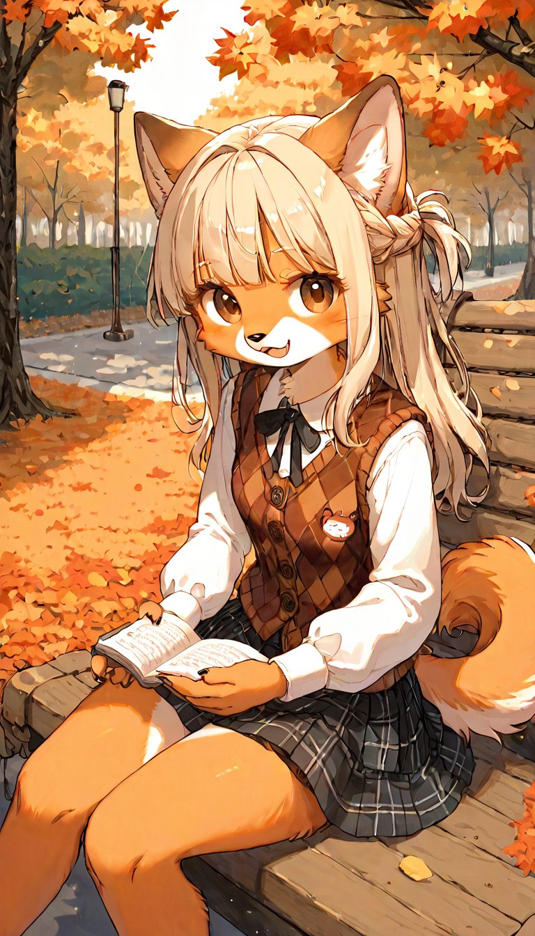 score_9, score_8up, score_7up, score_6up, score_5up,source_anime,cute,kawaii,1girl,solo,blonde hair,dog ears fluff,french braid,brown eyes,sweet,silk blouse,three-quarter length (tulle skirt:1.3),Argyle Plaid vest,autumn,road,park,graceful,sitting bench,reading book,looking at viewer,open mouth,Oil painting style,Fine art parody,(furry:1.3)