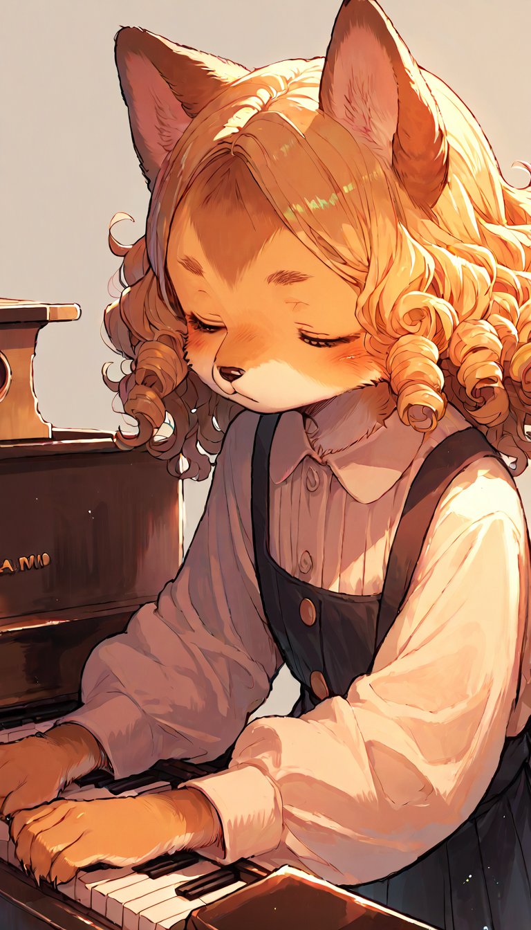 score_9, score_8up, score_7up, score_6up, score_5up,source_anime,cute,kawaii,1girl,solo,blonde hair,dog ears fluff,,brown eyes,closed eyes,(furry:1.3),(Serious:0.7),curly hair,(pianist:1.3)