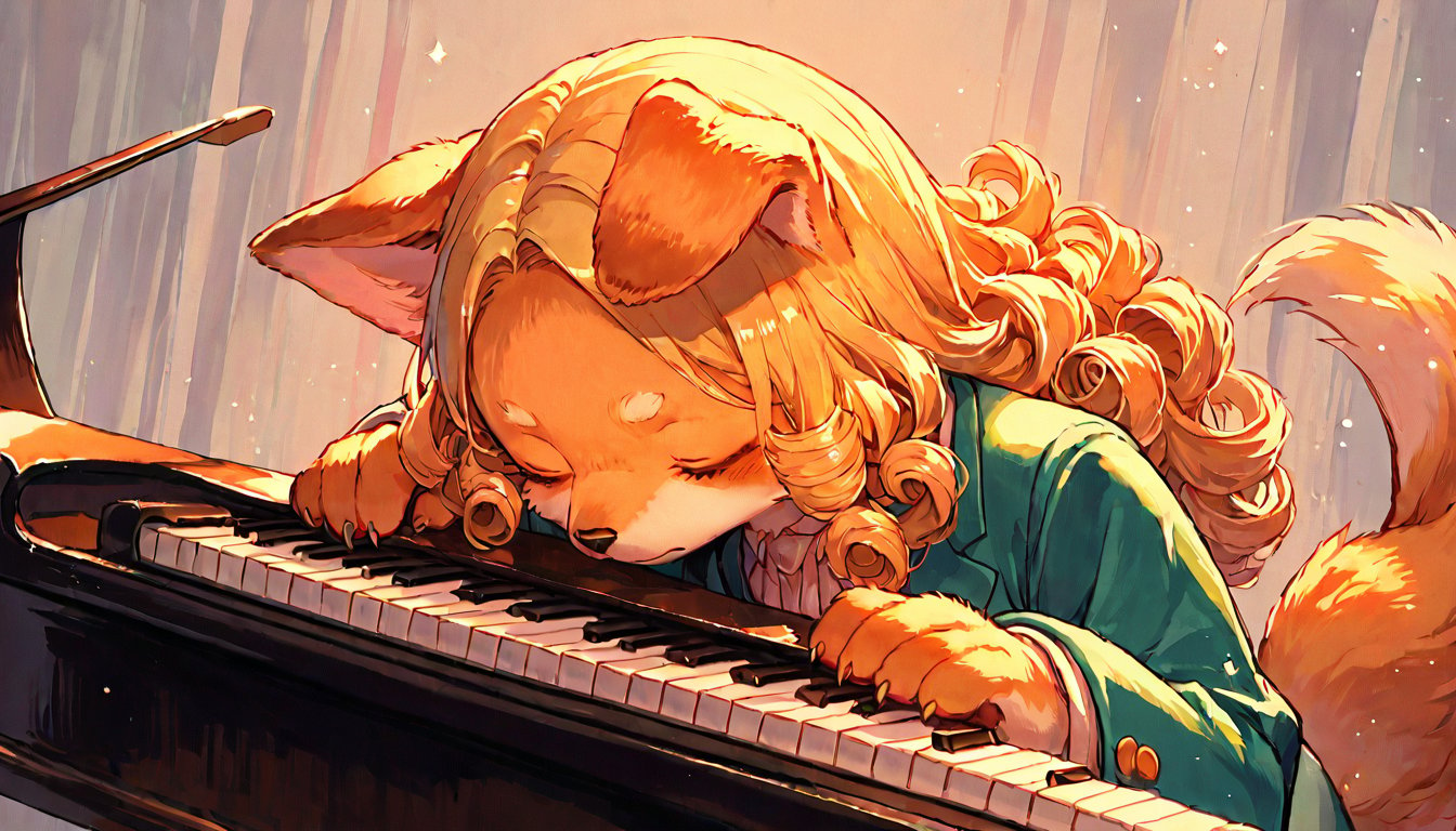 score_9, score_8up, score_7up, score_6up, score_5up,source_anime,cute,kawaii,1girl,solo,blonde hair,dog ears fluff,,brown eyes,(playing piano:1.3),closed eyes,Oil painting style,Fine art parody,(furry:1.3),(Serious:0.7),curly hair,(pianist:1.5)