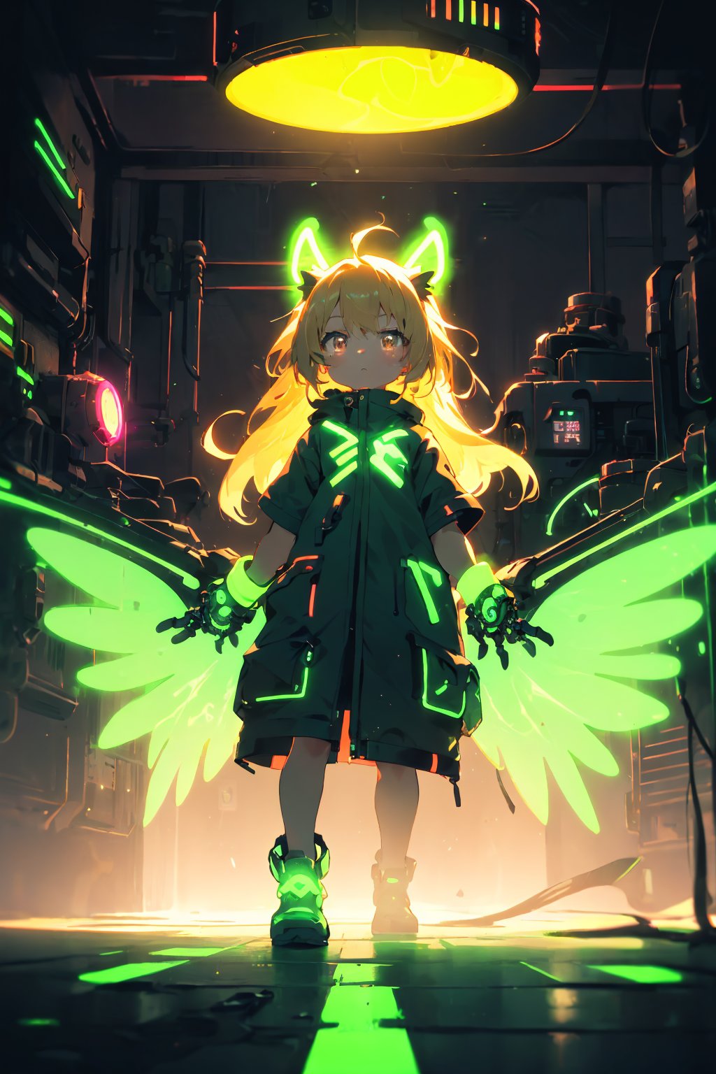 anthro,cute,kawaii,1girl,solo,dog ears,blonde hair,gradient brown eyes,(glowing neon green mechanical wings:1.3),high-contrast anime-style,(darkness room:1.3)