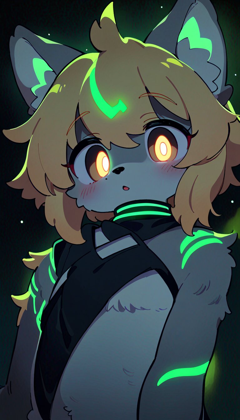 (furry:1.3),anthro,cute,kawaii,1girl,solo,dog ears,blonde hair,gradient brown eyes,indoors,(dark room:1.4),her body adorned with (glowing neon green Ancient magical tattoo,upper body:1.5),high-contrast anime-style,full body,