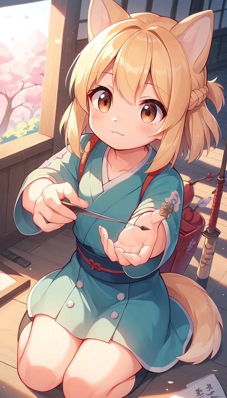 score_9_up, score_8_up, score_7_up,score_6_up,score_5_up,best quality,masterpiece,illustration,cute,kawaii,1girl,solo,dog ears,blonde hair,french braid,gradient brown eyes,japanese Armed,battle filed,(>:):1.3),Japanese-style archery