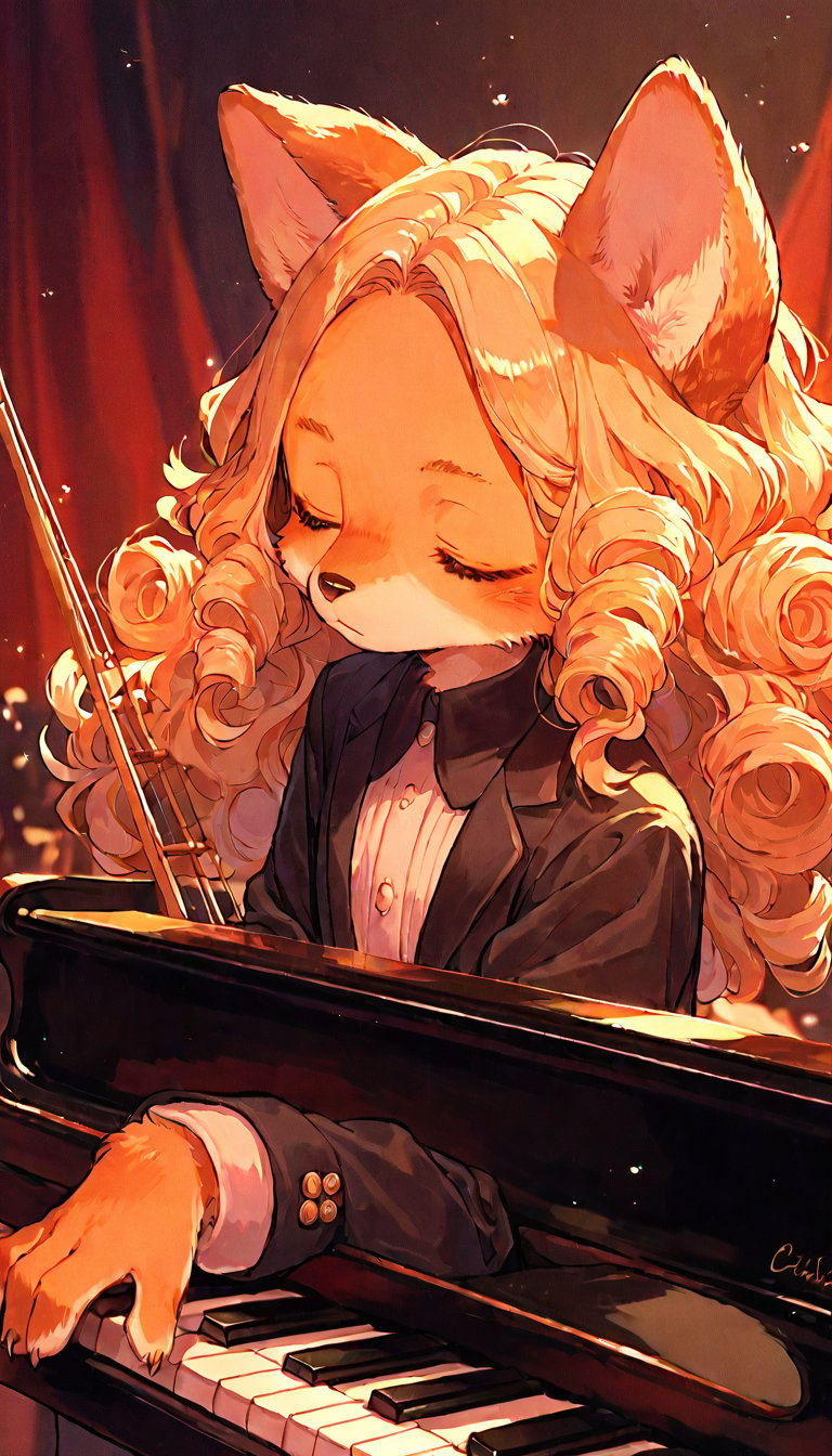 score_9, score_8up, score_7up, score_6up, score_5up,source_anime,cute,kawaii,1girl,solo,blonde hair,dog ears fluff,,brown eyes,(playing piano:1.3),closed eyes,Oil painting style,Fine art parody,(furry:1.3),(concert pianist:1.3),(Serious:0.7),curly hair,(pianist:1.5)