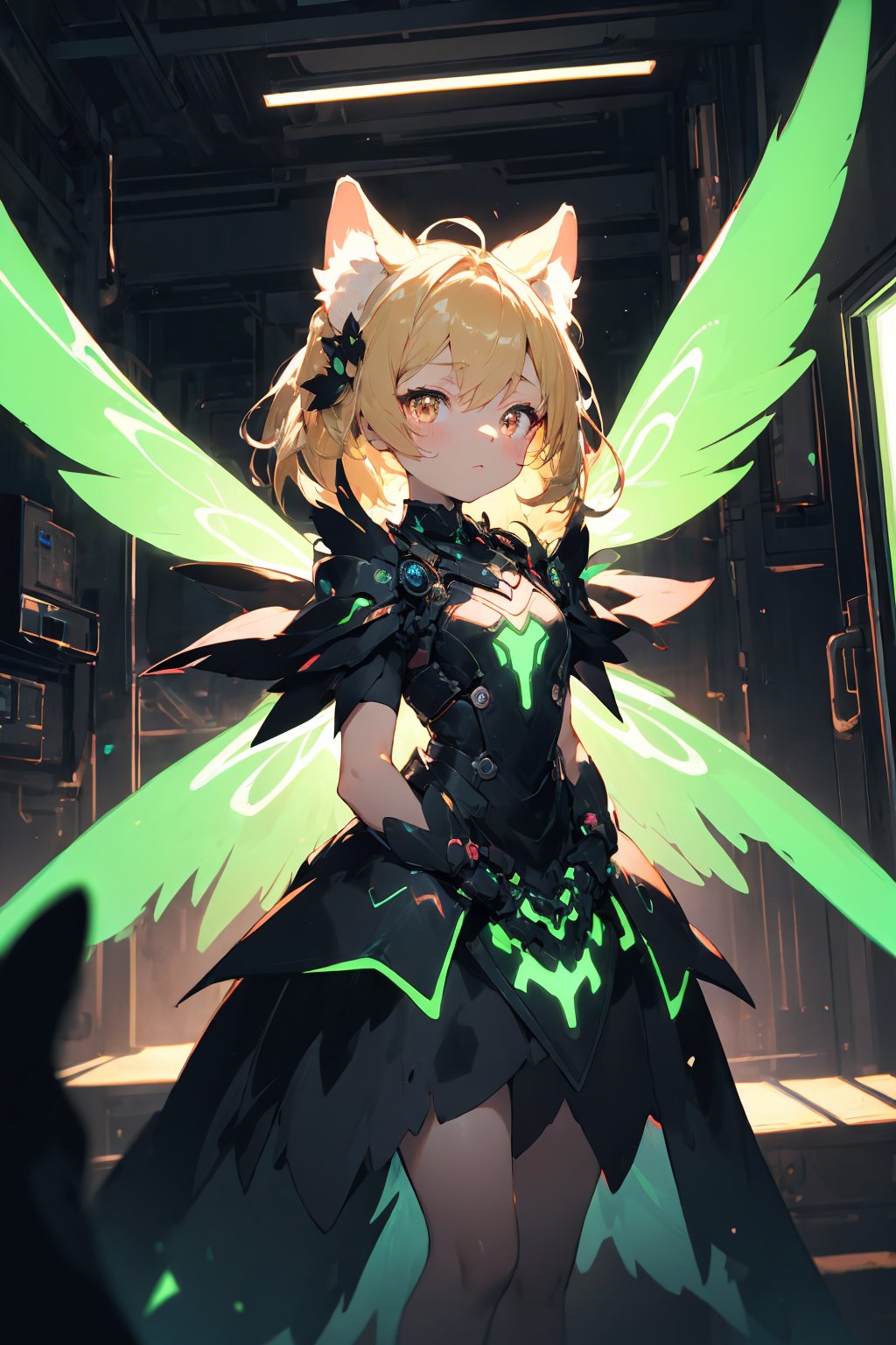 masterpiece,best quality,ultra detailed,highres,absurdres,illustratio,anthro,cute,kawaii,1girl,solo,dog ears,blonde hair,gradient brown eyes,(glowing neon green mechanical wings:1.0),high-contrast anime-style,(darkness room:1.3),fairy dress,