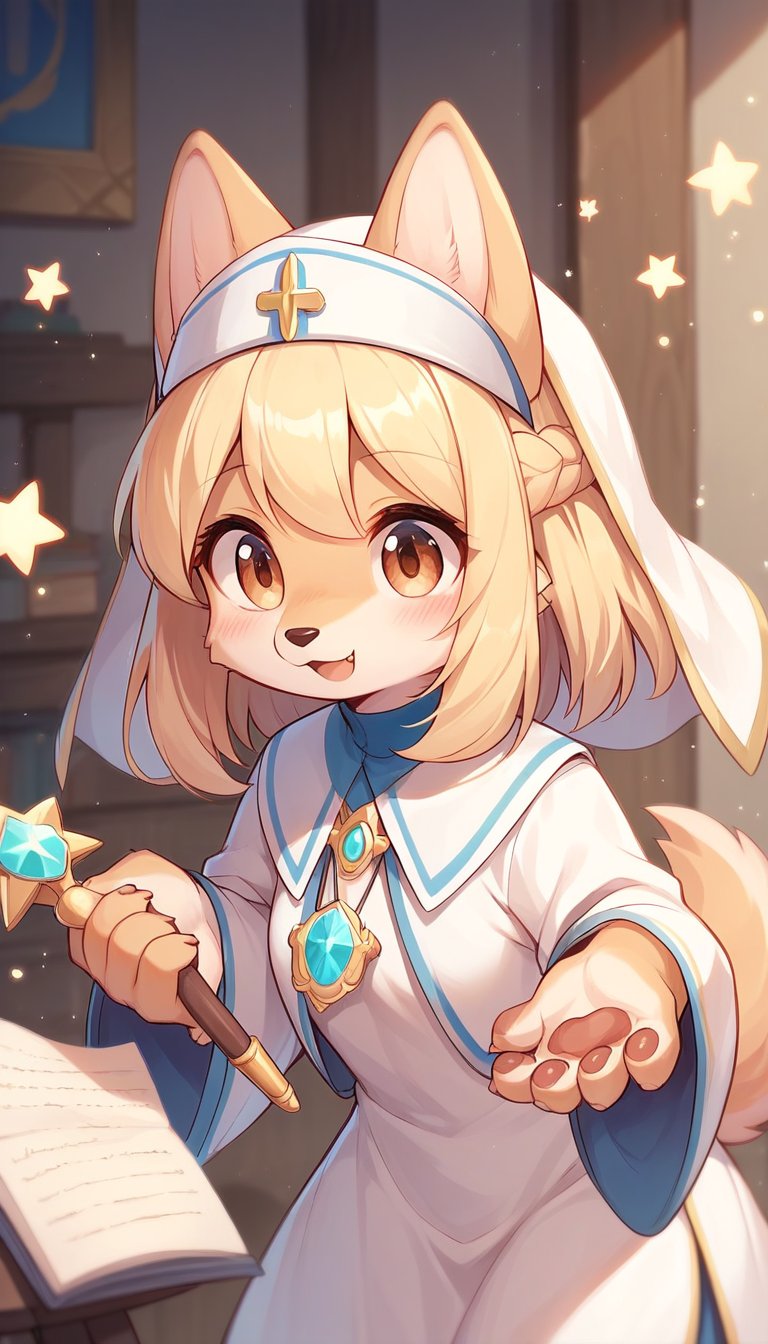 score_9_up, score_8_up, score_7_up,score_6_up,score_5_up,best quality,masterpiece,illustration,cute,kawaii,1girl,solo,dog ears,blonde hair,french braid,gradient brown eyes,healing magic,wand,priestess,furry