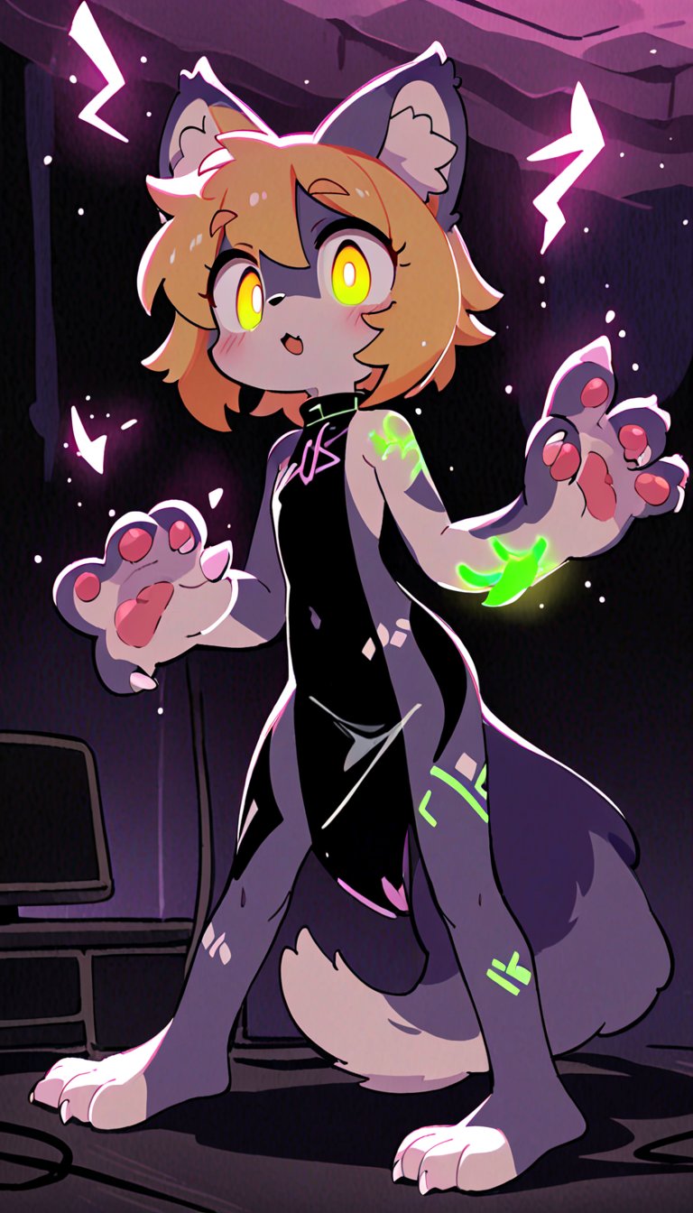 (furry:1.3),anthro,cute,kawaii,1girl,solo,dog ears,blonde hair,gradient brown eyes,her body adorned with (glowing neon green noisy tattoo,on skin:1.5),high-contrast anime-style,full body,see-through,(darkness room:1.3)