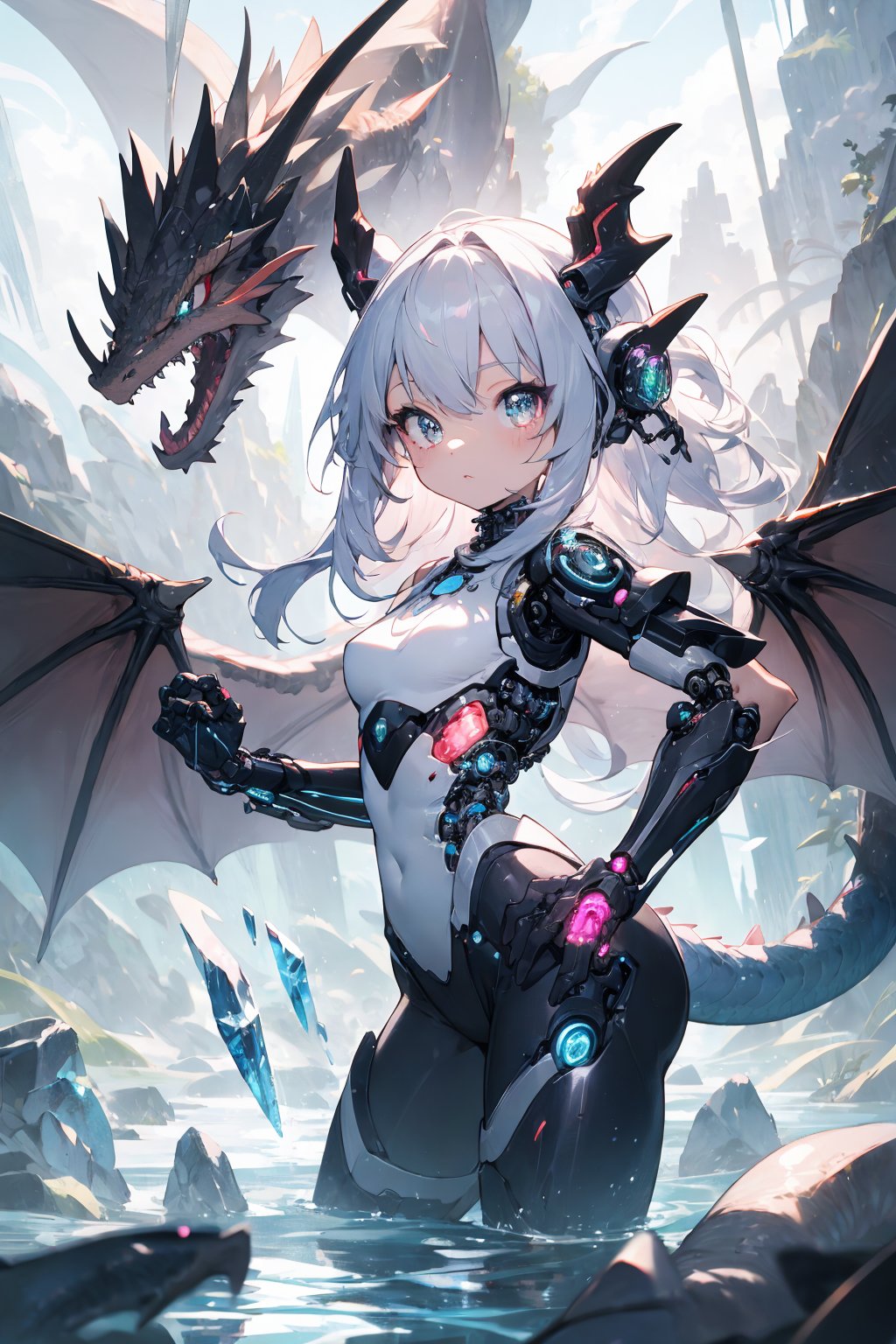 masterpiece,best quality,ultra detailed,highres,absurdres,illustratio,anthro,cute,kawaii,1girl,solo,Cybernetic dragon girl,Crystal quartz version