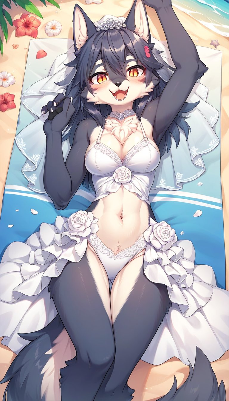 score_9_up, score_8_up, score_7_up,score_6_up,source_anime,source_furry,,best quality,masterpiece,illustration,1girl,solo,wolf girl,(fluffy body:1.5),wedding dress,swimsuit,happy,blush,beach,summer,(photography event:1.3),(furry:1.3),(on back:1.3),