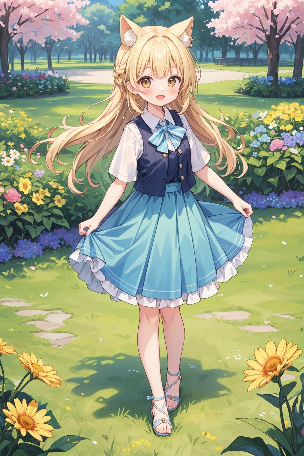 The illustration depicts a high school girl, dressed stylishly, in a bright early summer park. She is dressed lightly to match the early summer climate, with a big smile on her face. Around her, fresh green trees and colorful (flowers are in full bloom:1.3) 
BREAK
Her outfit is light to match the early summer climate, consisting of a flared skirt and blouse combination, sandals on her feet, giving refreshing impression. Her hair is long and flowing in the wind, with a small earring shining in her ear.vest
BREAK
1girl,solo,dog ears,french braid,blonde hair,detailed and gradient brown eyes,cute,kawaii,(from above:0.8)