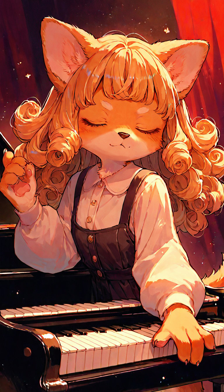 score_9, score_8up, score_7up, score_6up, score_5up,source_anime,cute,kawaii,1girl,solo,blonde hair,dog ears fluff,,brown eyes,(playing piano:1.3),closed eyes,art,Oil painting style,Fine art parody,(furry:1.3),grand piano,(concert pianist:1.3),(Serious:0.7),curly hair