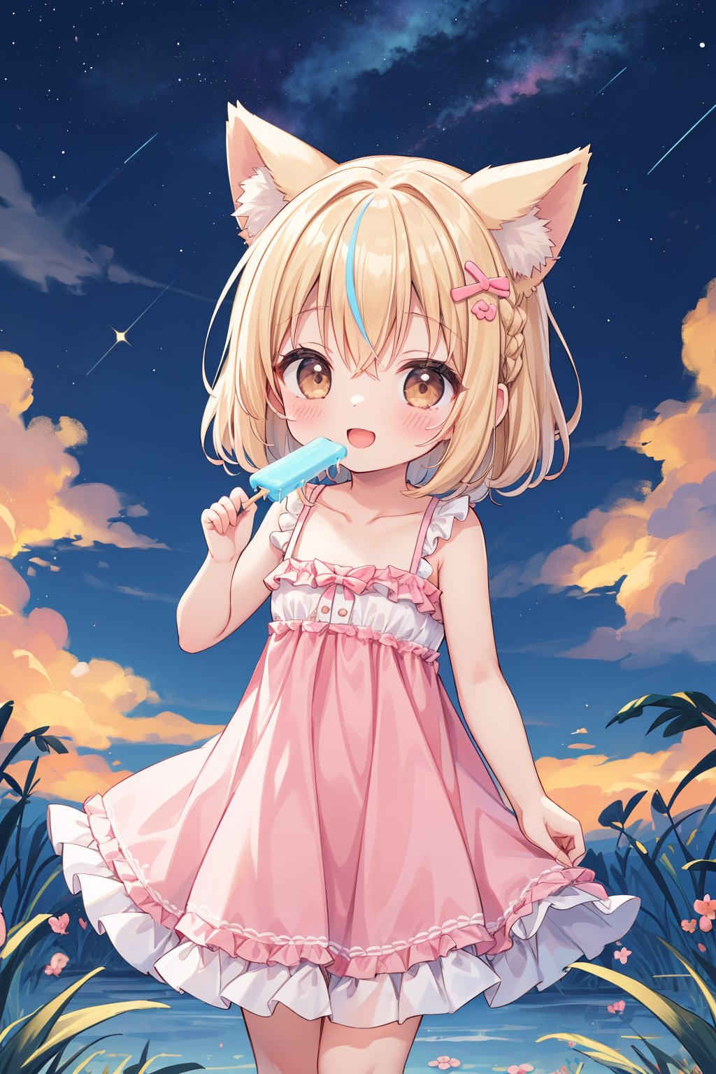 masterpiece,best quality,ultra detailed,highres,absurdres,illustration,silky-soft,creamy complexion,cute,kawaii,(Exciting:1.2),happy,loli,petite   BREAK 1girl,solo,dog ears,french braid,blonde and blue streaked hair,highlights hair,detailed and gradient brown eyes,(light pink camisole dress:1.1),(frills:1.2),delicious (popsicle:1.3),walking, BREAK outdoors,overlooking,(twilight sky:1.2),deep blue sky,starry sky