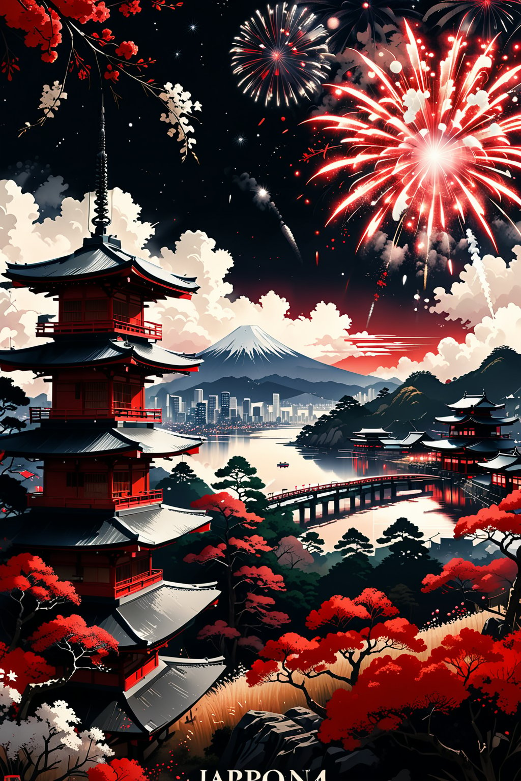 //quality, (masterpiece:1.4), (detailed), ((,best quality,)),//highly detailed Travel poster of RED FIREWORKS IN ANCENT JAPANESE CITY, few small trees in the plains, with the text "JAPANTAG 2024" at the top, big fonts,flat 2d image,red white black color palette, intricately detailed, best quality, digital art style, well defined outer edges, vintage travel poster, 