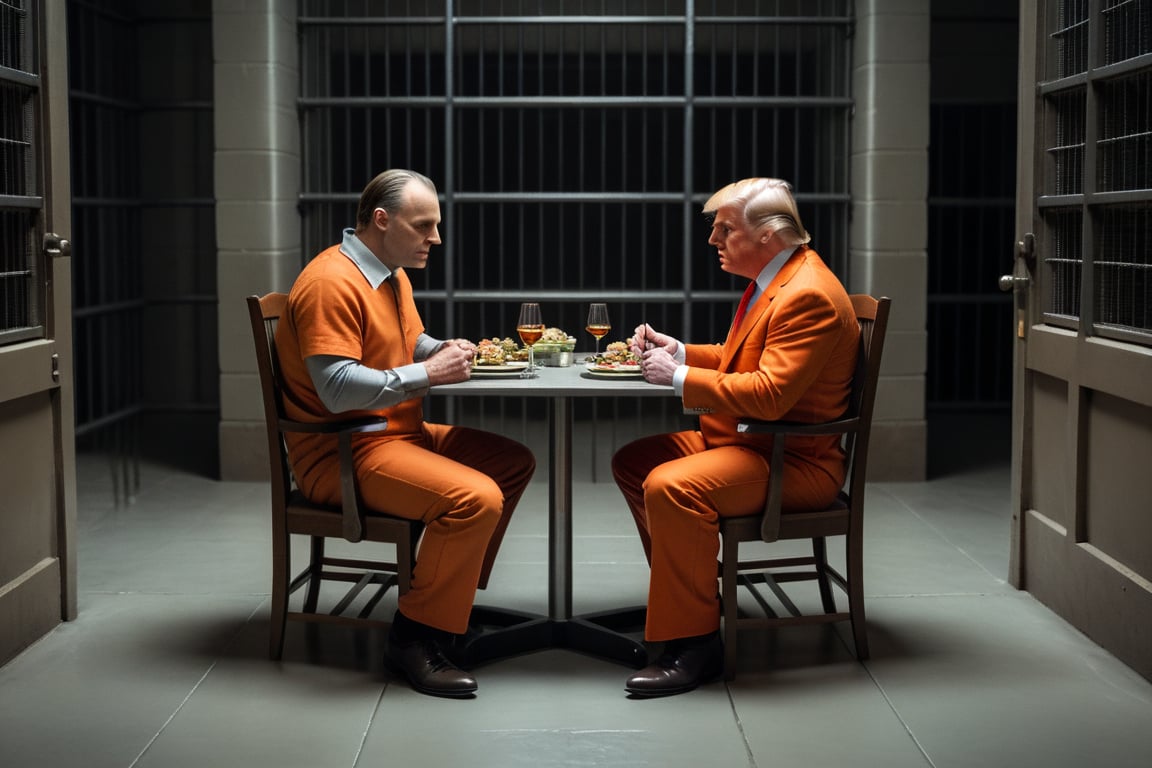 realistic photograph two men, 
Hannibal Lecter the Cannibal, sitting down to dinner with Donald Trump, Trump is wearing an orange jumpsuit, Hannible is wearing his prison garb, They are in a jail cell sitting in the middle of a large empty room, realistic,  high contrast, high_resolution, detailed, 