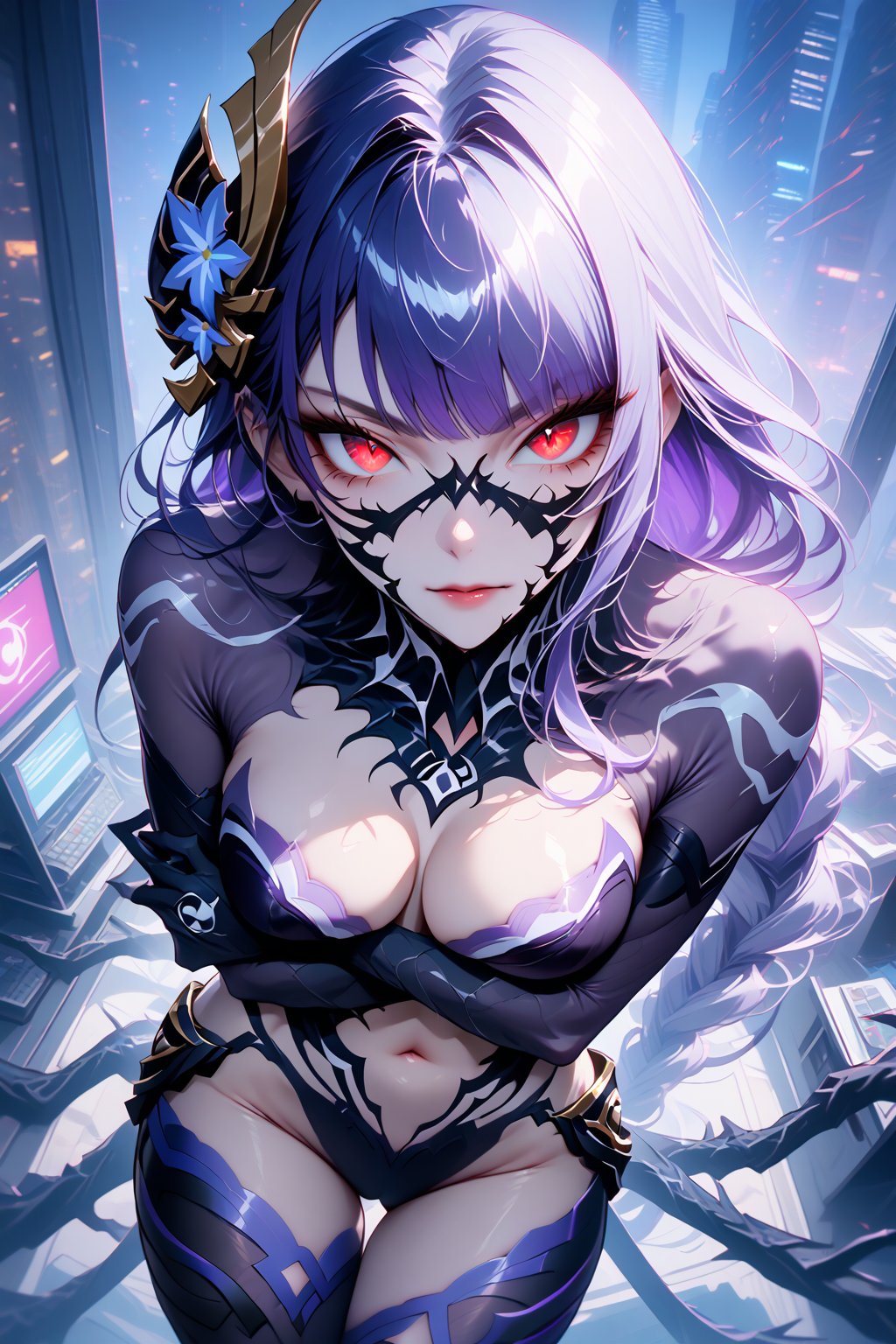 masterpiece, best quality, absurdres, very aesthetic, ((she judging you silently)), 1girl, solo, milf, Shogun Raiden, Genshin impact, alternate costume, violet hair, braided hair, long hair, roun(cosplay she_venom, venom symbiote, female venom,) 1girl, solo, long hair, breasts, looking at viewer, nsfw, wide open spider legs, naked, nude, sexy, horrifying as f, grey skin, intricate background, red eyes, navel, medium breasts, white hair, gradient, gradient background, colored skin, bug, monster girl, arthropod girl,black spider web, black spider girl, spider, arachne,sanatw,aespakarina, 8k UHD, arms_crossed, niji6, ((male POV)), head tilted right, ((close up to you, from above)), BREAK, masterpiece, best quality, window, office room, night, cyberpunk city, neon light, computers, indoors