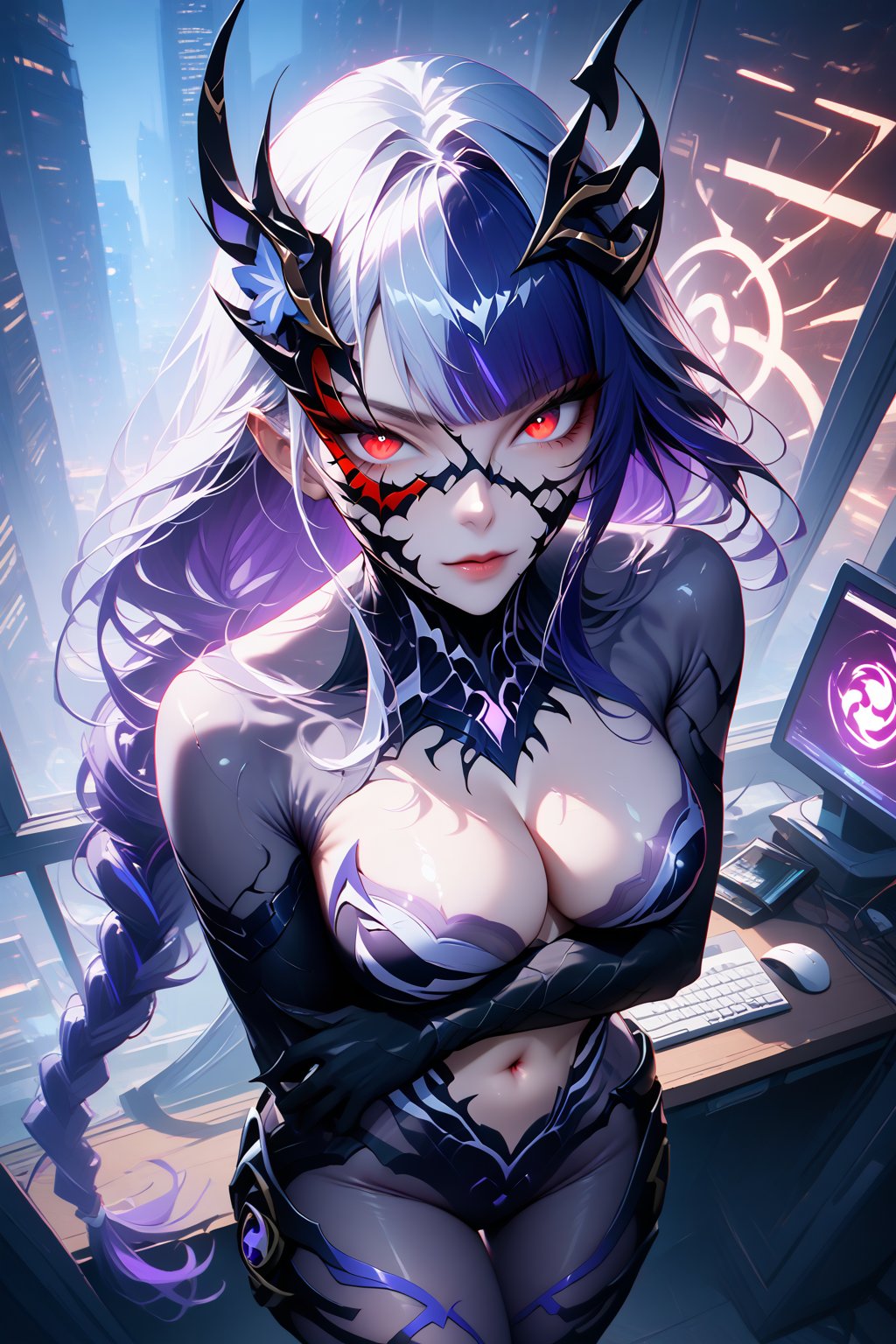 masterpiece, best quality, absurdres, very aesthetic, ((she judging you silently)), 1girl, solo, milf, Shogun Raiden, Genshin impact, alternate costume, violet hair, braided hair, long hair, roun(cosplay she_venom, venom symbiote, female venom,) 1girl, solo, long hair, breasts, looking at viewer, nsfw, wide open spider legs, naked, nude, sexy, horrifying as f, grey skin, intricate background, red eyes, navel, medium breasts, white hair, gradient, gradient background, colored skin, bug, monster girl, arthropod girl,black spider web, black spider girl, spider, arachne,sanatw,aespakarina, 8k UHD, arms_crossed, niji6, ((male POV)), head tilted right, ((close up to you, from above)), BREAK, masterpiece, best quality, window, office room, night, cyberpunk city, neon light, computers, indoors