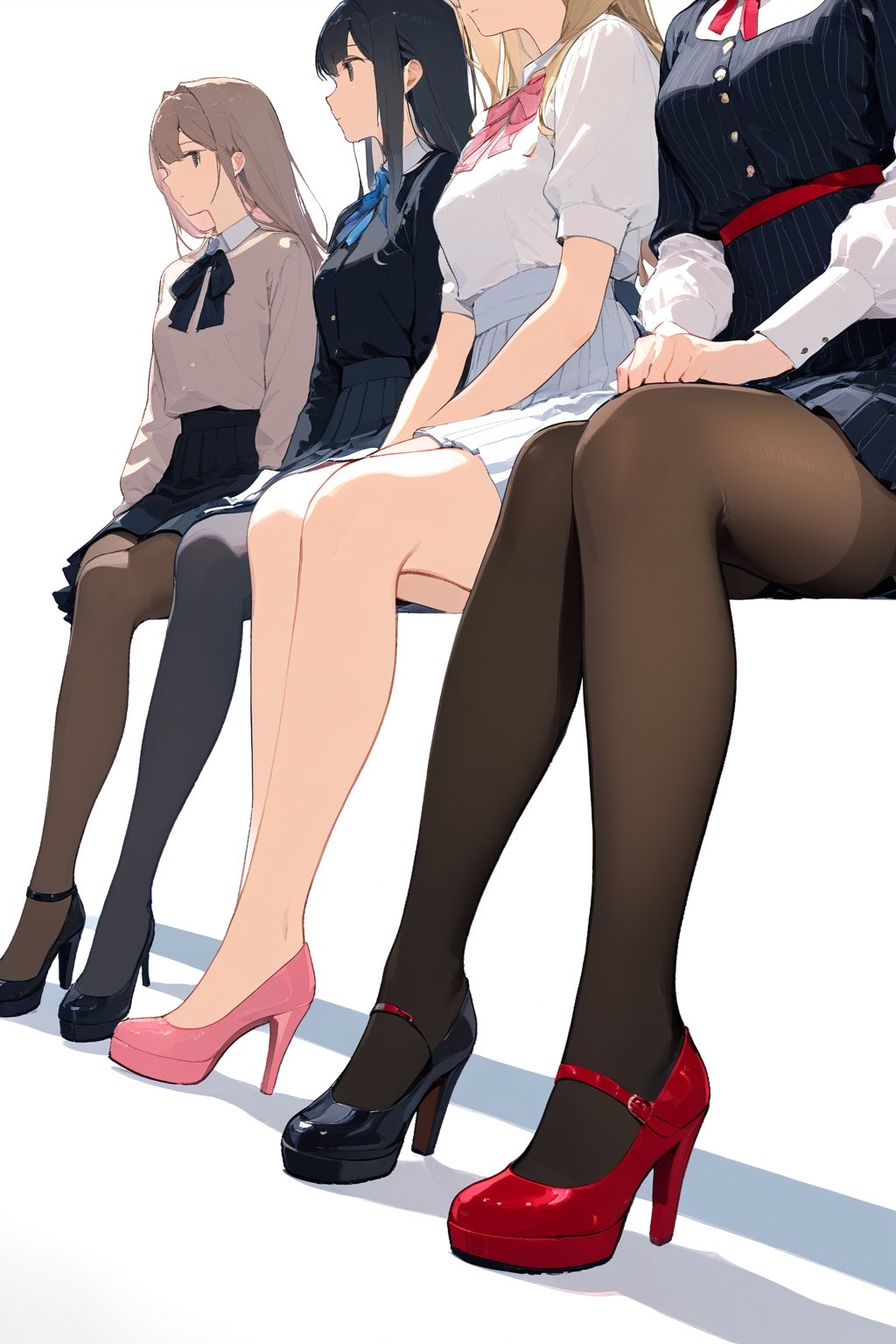 pantyhose, multiple_girls, high_heels, legs, black_footwear, thighhighs, 6+girls, pink_footwear, dress, sitting, shoes, skirt, lower_body, bag, HareS