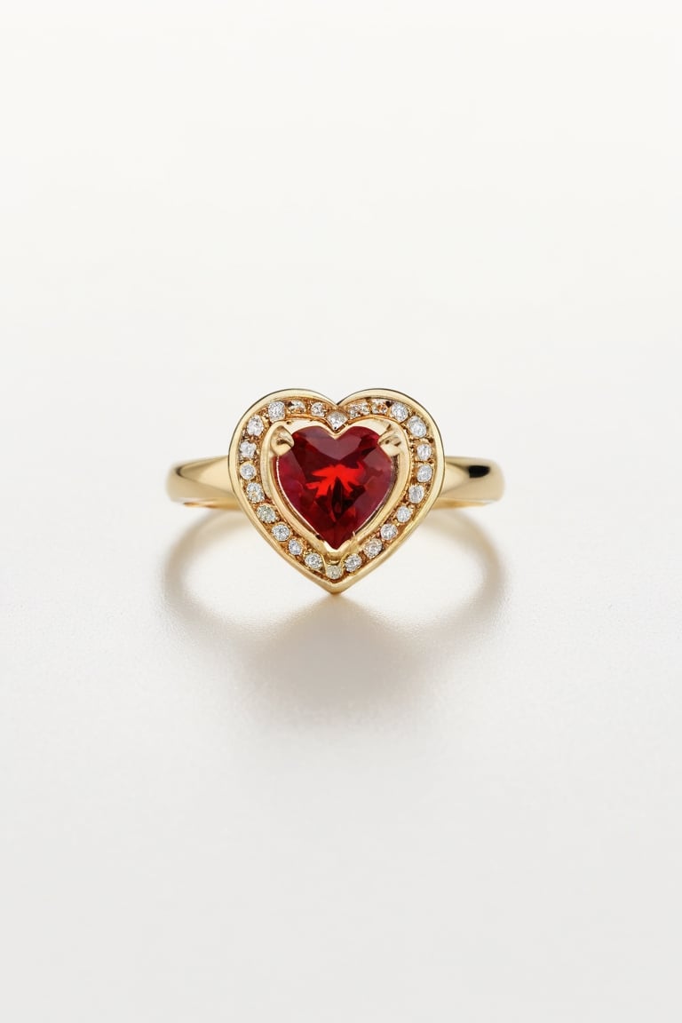 A gold ring with a red stone in a heart design, white background. 