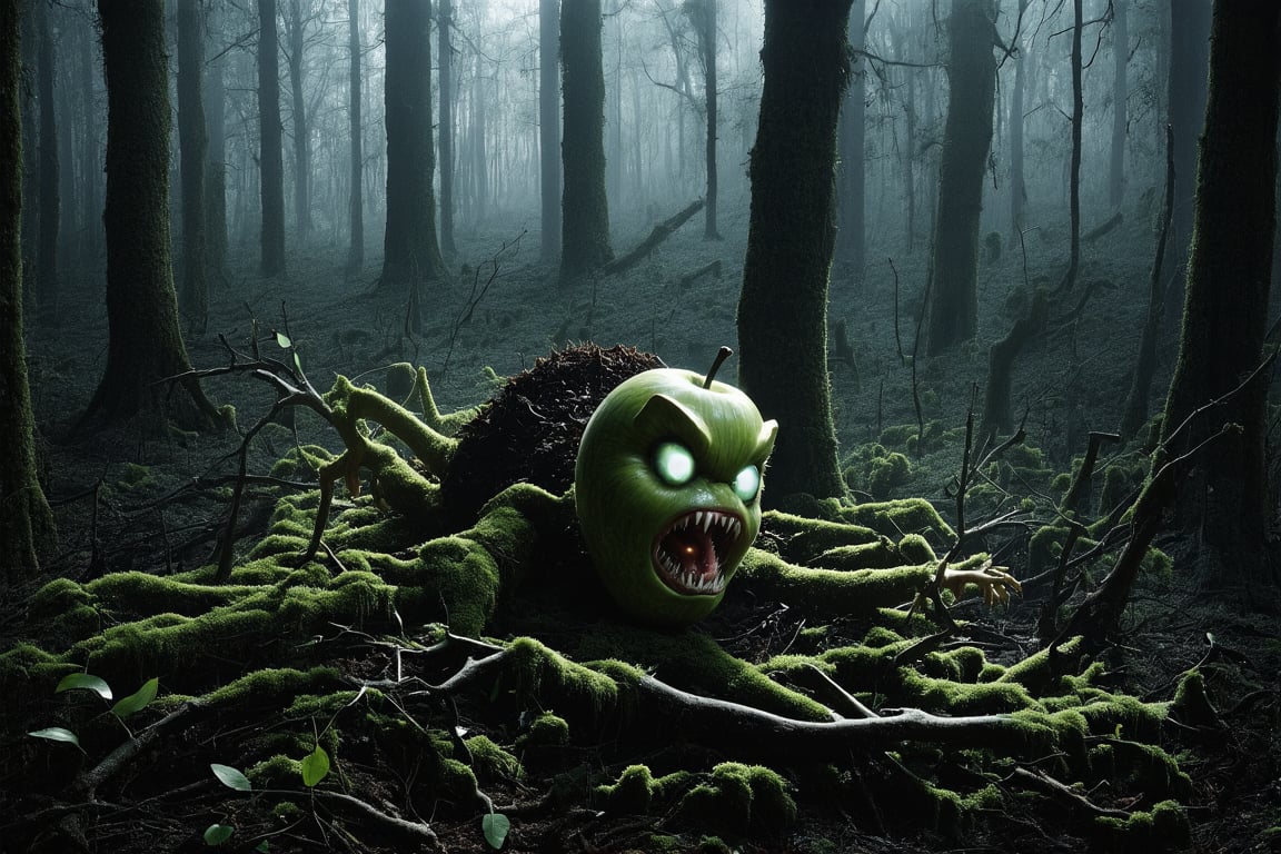 In a dense, fog-shrouded forest, a hyperrealistic photography captures a haunting scene: a grotesque, apple-like monster lies sprawled on the forest floor, its core transformed into claw-like branches that reach for the air. The creature's (((Shiny eyes))) gleam with an unearthly intensity, while its (((sharp teeth))) appear poised to strike. Amidst the fallen leaves and moss-covered terrain, a sense of foreboding settles over the viewer, as if placed in a position of vulnerability alongside this unsettling, anthropomorphic being.