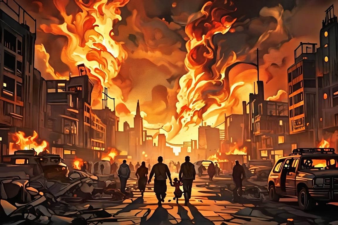 Apocalyptic Armageddon: A dramatic shot of a cityscape in ruins, with towering flames engulfing the skyline as panicked civilians flee for their lives. Burning buildings and charred vehicles litter the streets, amidst the chaos and devastation. In the foreground, people run wildly, some carrying small children or dragging belongings, while others stumble amidst the rubble. The intense orange glow of the inferno illuminates the darkened atmosphere, casting long shadows across the desolate landscape.