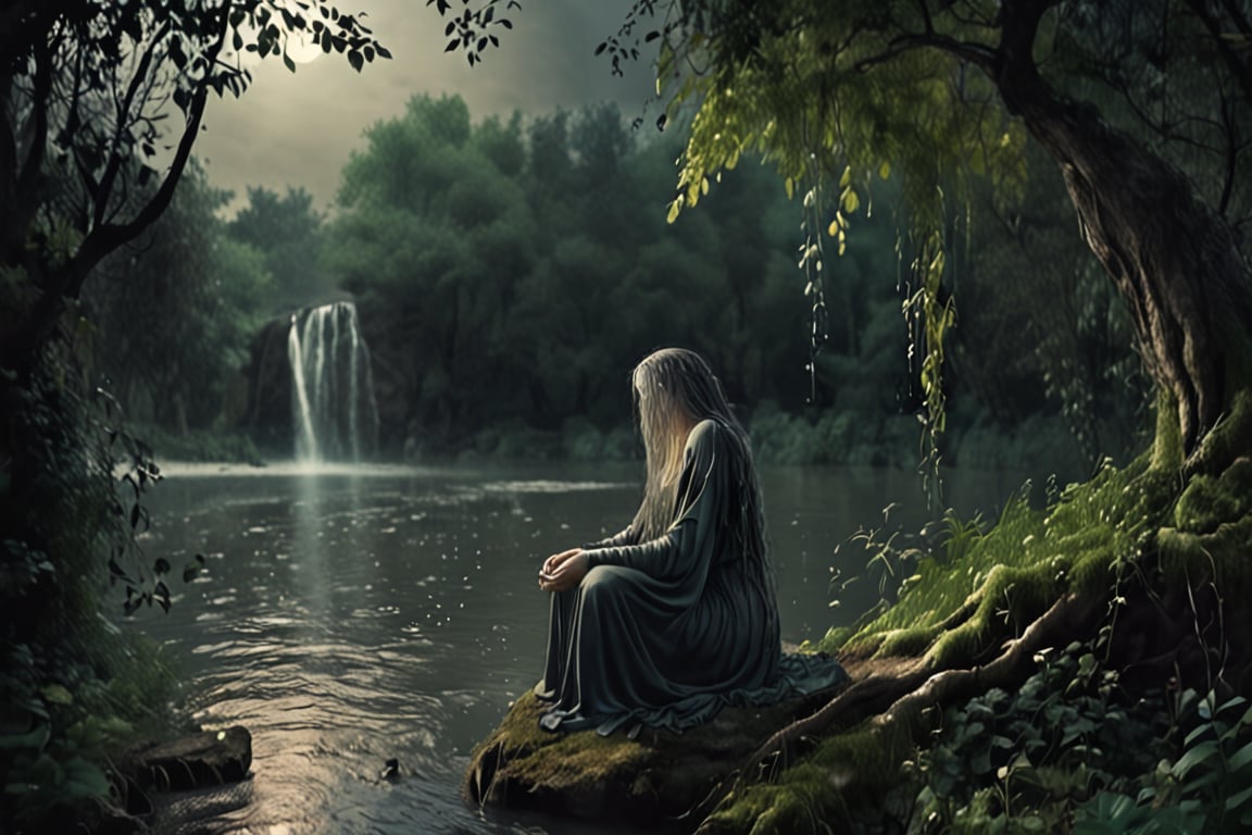 The weeping woman cries near the river,  the loss of her son is at night and she is near a leafy and dark forest. by Fabio...