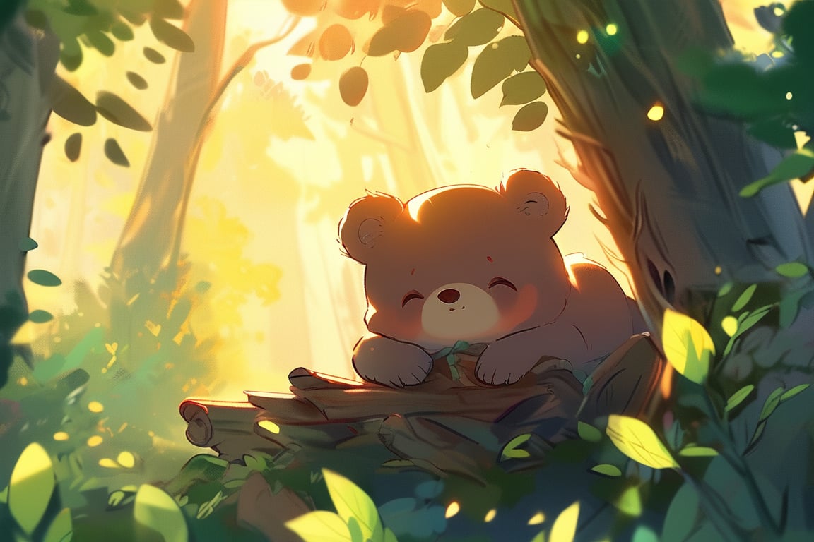 cute bear cub waking up in a forest, morning sunlight, treehouse, cartoon style, Miyagi Tatsuya art style