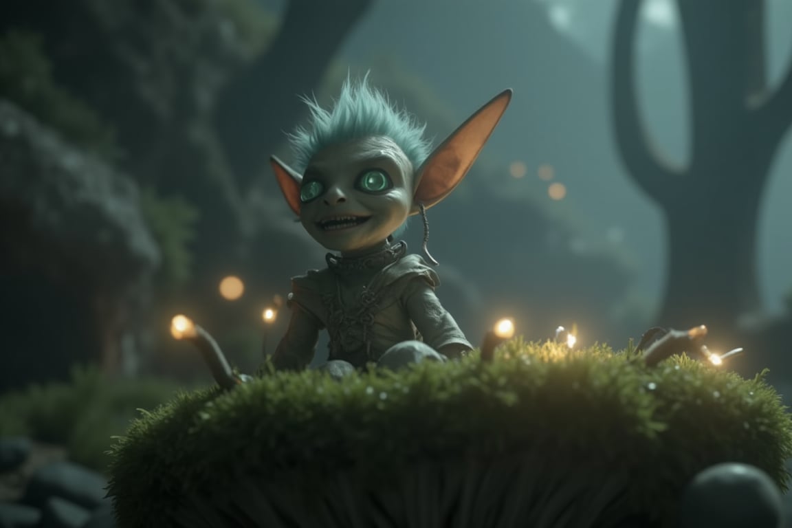 A whimsical CGI 3D animation visual: a delicate elf (species) perches on a moss-covered mushroom, surrounded by twinkling fairy lights. The camera zooms in on the elf's intricate features, showcasing a mischievous grin and piercing green eyes. Soft, warm lighting casts a gentle glow, highlighting the elf's ethereal aura as it gazes out at the misty forest landscape.