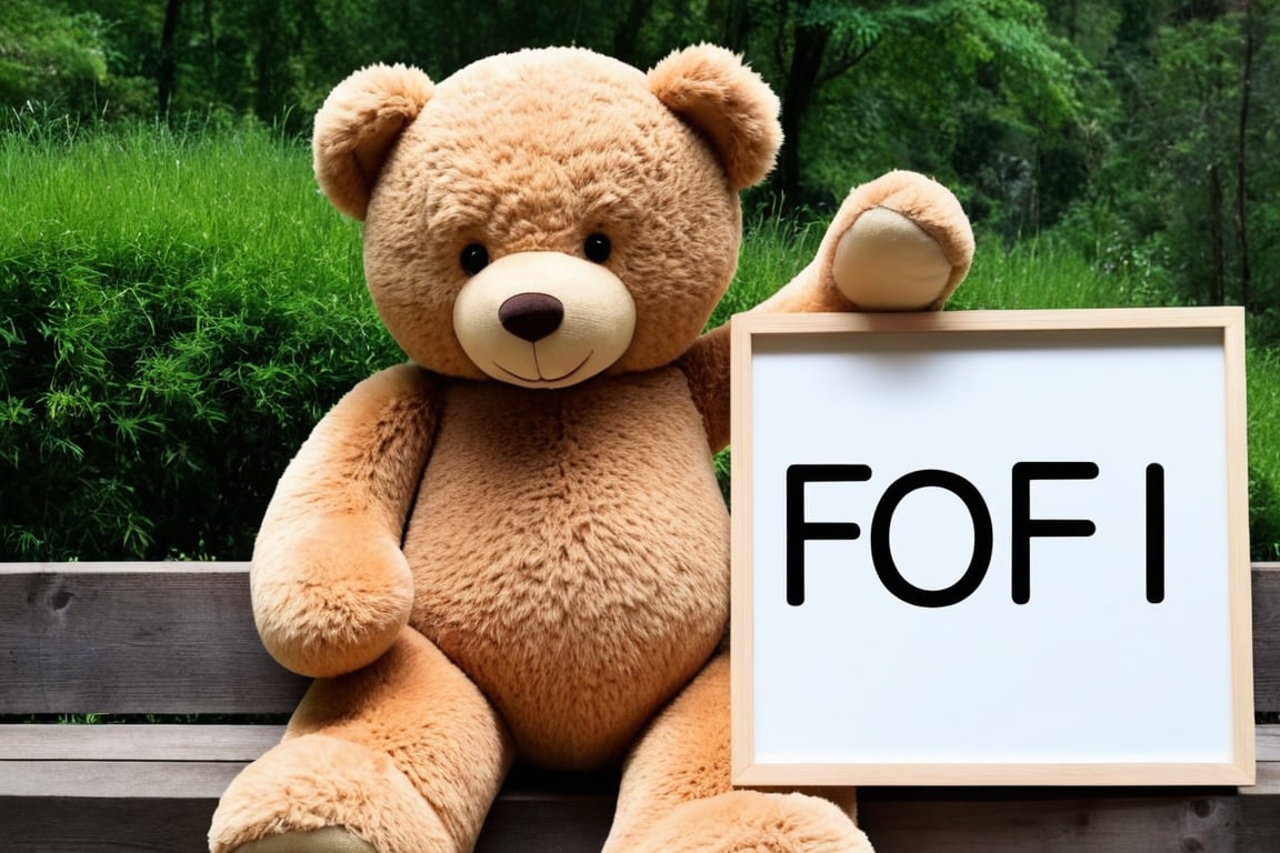 a big Teddy bear holding a board with the text saying "FOFI" smiling, daytime,background many teddys bears