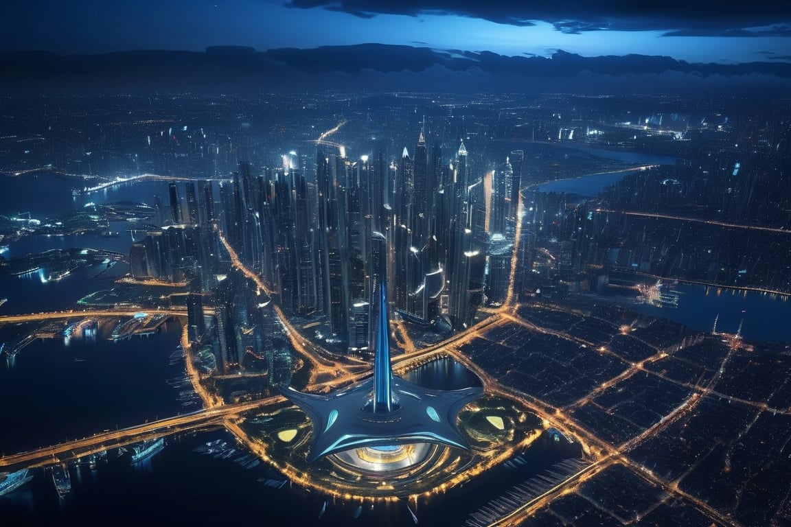 Night view seen from an airplane,future city:1.3,port,flying spaceship,skyscraper,master piece,highest quality,ultra high resolution,Super detailed,8K,photo realistic,best aesthetic,beautiful