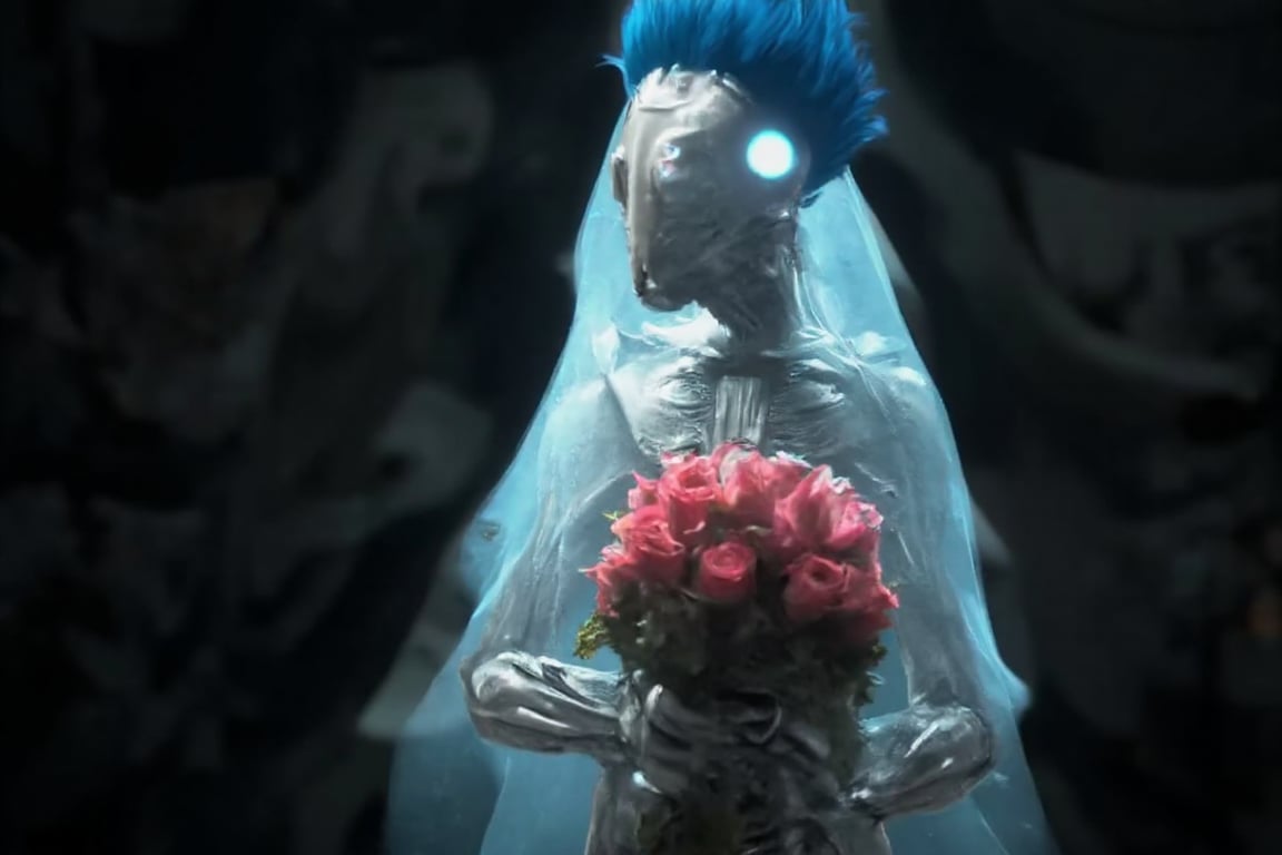 The skeleton of a bride holds a bouquet of roses between her bony hands and which is covered by a transparent tunic in which the white of the bones of her body can be seen.