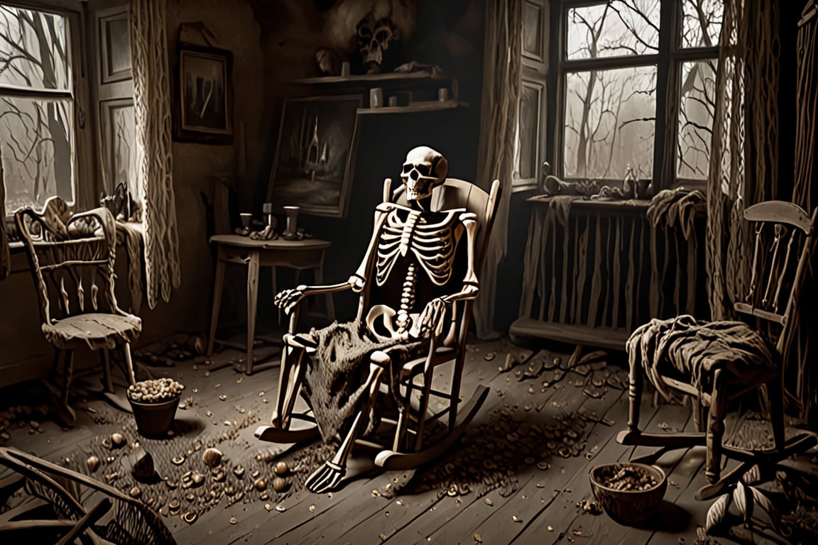 Imágenes Realismo Mythical and gloomy scene of a skeleton which has already sat in a chair or rocking chair that is already covered by fabric, it damages you and dust, the skeleton itself has been there posing in that rocking chair for hundreds of years