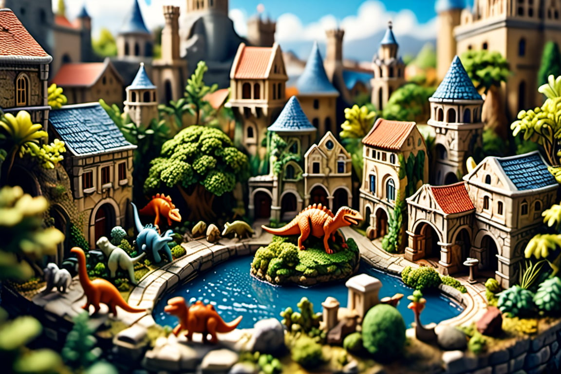 An illustration of a micro-world in a Delicate and realistic style. DA fantasy world depicting a bustling medieval Greek city where dinosaurs are pets that blend into the streetscape and live with the people.

The scene is a miniature artwork, resembling Pocket art that began as a game played by the German court nobility in the 16th century, and later spread from Holland to England, where it flourished and then spread to the United States and Canada.

Lively and bright atmosphere, detailed interactive scenes
(micro-world)(Dinosaur as pet)(Empire)(Pocket art)