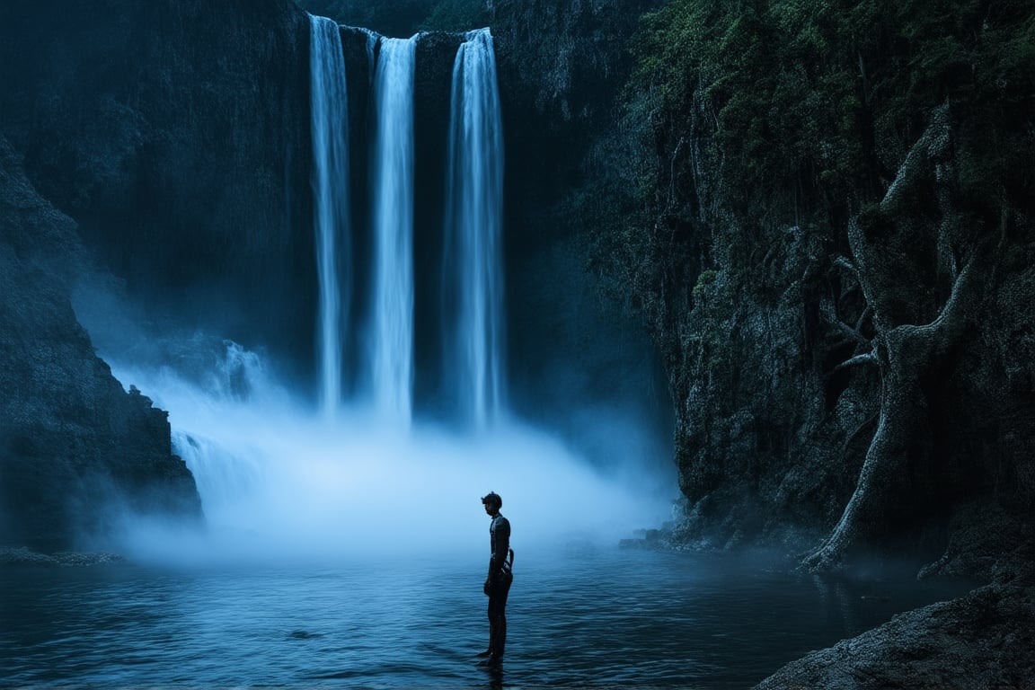 A hauntingly beautiful scene unfolds: Cataratas Malditas - a cursed waterfall deep within the mystical forest. Framed against the dark, misty veil of twilight, the cataract's roaring torrent crashes down upon the rocky shore. The lighting is eerie, with an otherworldly glow emanating from the falls' mist-shrouded heart. In the foreground, twisted tree roots writhe like skeletal fingers, while in the distance, ancient ruins whisper secrets to the wind. A lone traveler, shrouded in mystery, stands poised at the water's edge, as if summoned by the falls' mystical energies.