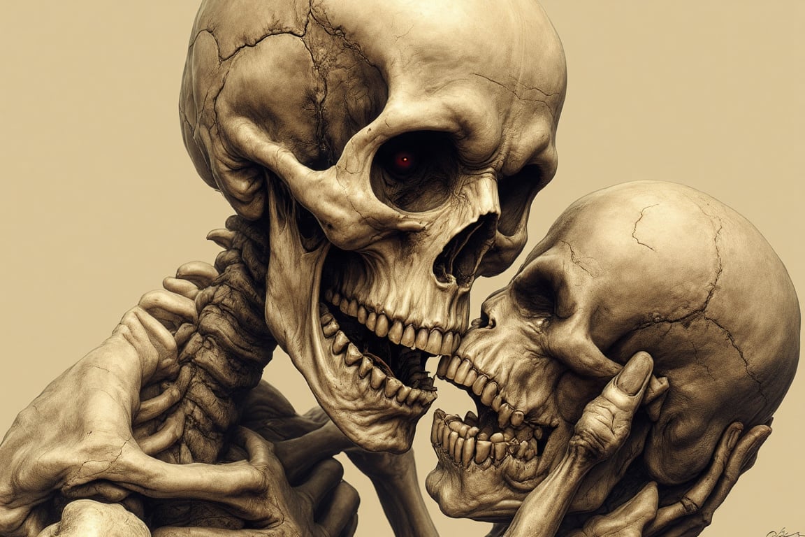 Sepia toned pencil drawing of a skeleton holding a human head looking at camera, angry facial expression, very elaborate and detailed, very fine intricate details, very contrasting shadows, very strong overhead lighting, no noise, 2k resolution, very focused, strong left side lighting, very contrasting shadows