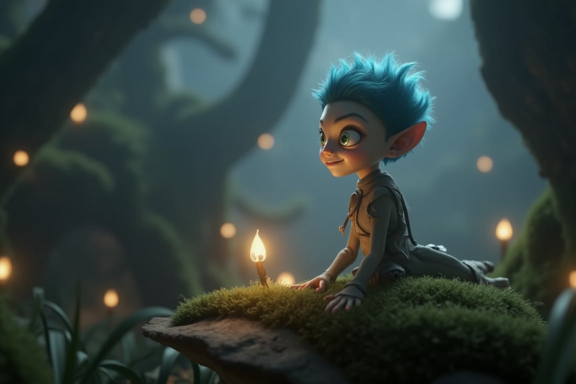 A whimsical CGI 3D animation visual: a delicate elf (species) perches on a moss-covered mushroom, surrounded by twinkling fairy lights. The camera zooms in on the elf's intricate features, showcasing a mischievous grin and piercing green eyes. Soft, warm lighting casts a gentle glow, highlighting the elf's ethereal aura as it gazes out at the misty forest landscape.