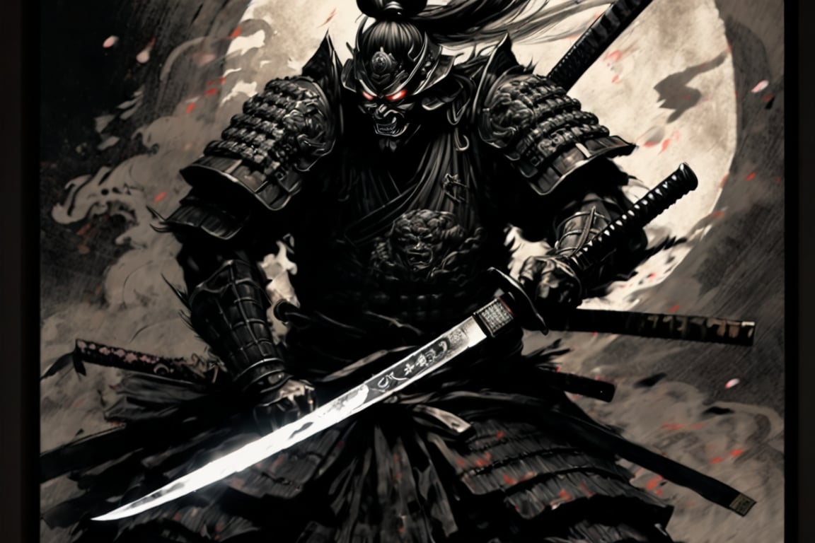 Score 9, Source Manga, (2 page manga) (Japanese samurai in Japanese armour engaged in slashing combat in the dark), Excellent image quality, Exquisite detail, Charcoal drawing, Charcoal, Popular Japanese action manga, Ink painting, Holding a sword, Swinging a sword down, Black aura, Glowing eyes, Demon mask, Cold air coming from mouth