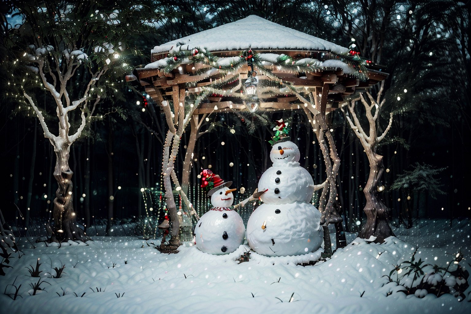 Christmas in the woods with Christmas trees and garlands with Christmas decorations and a very nice snowman,Christmas Room,happy_christmas_background,FFIXBG,firefliesfireflies