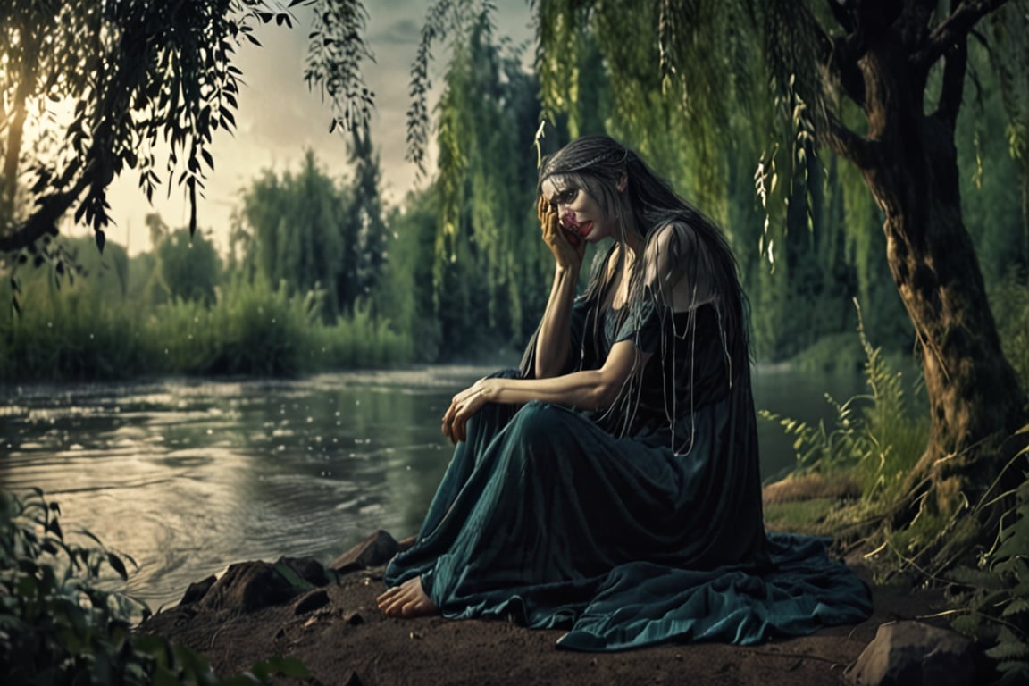 The weeping woman cries near the river,  the loss of her son is at night and she is near a leafy and dark forest. by Fabio...