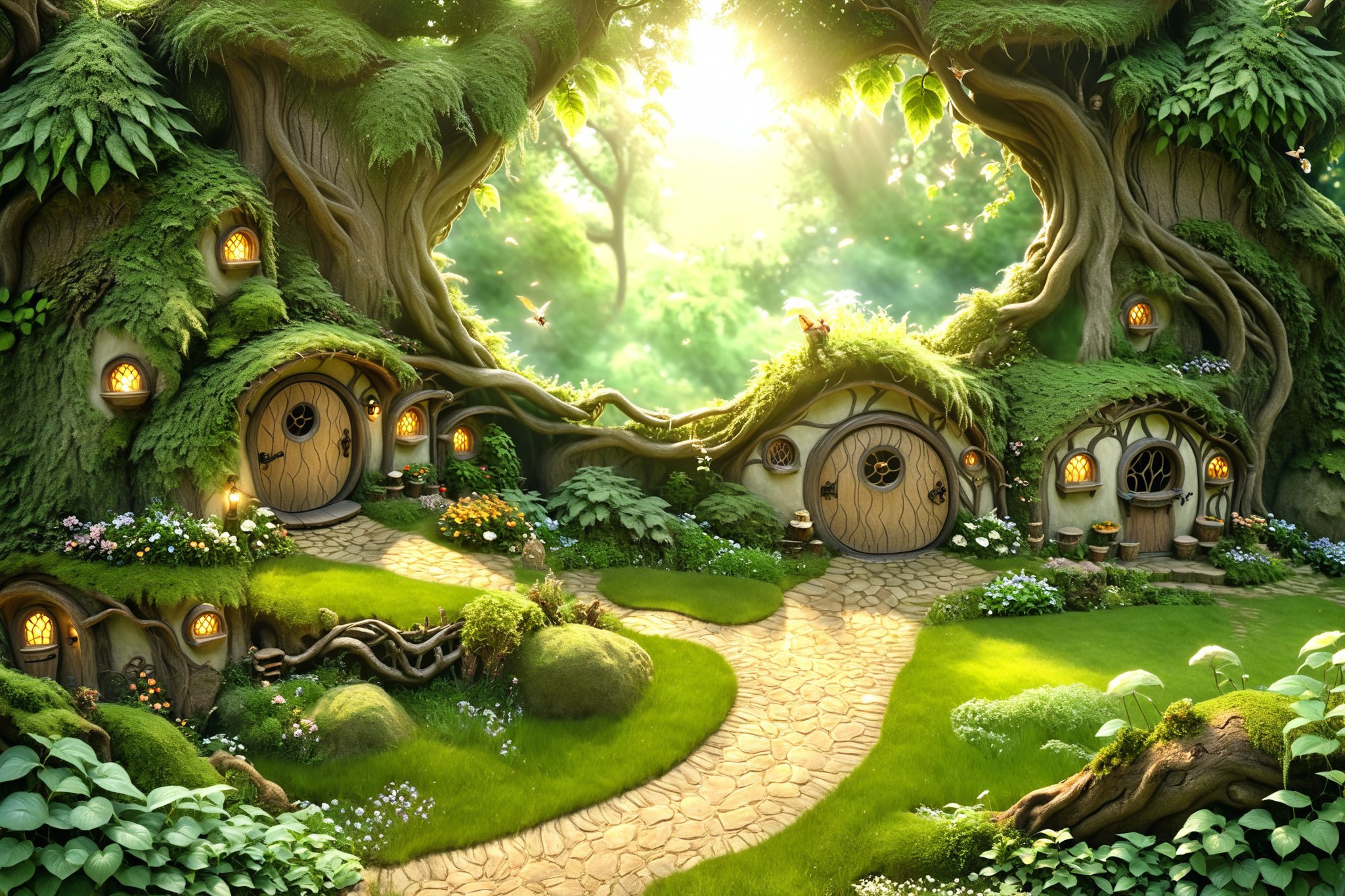 A whimsical scene unfolds as the camera captures the serene atmosphere of an enchanted forest. Amidst the lush green foliage and sunlit trees, a charming hobbit-style dwelling nestles cozily into the nook of a massive tree trunk. Smoke lazily billows from the chimney, carrying the scent of warmth and comfort. Steps lead up to the round door, inviting viewers to enter this mystical realm, whimscial, bugs, fairys, 75 degree wide angle, movie still,