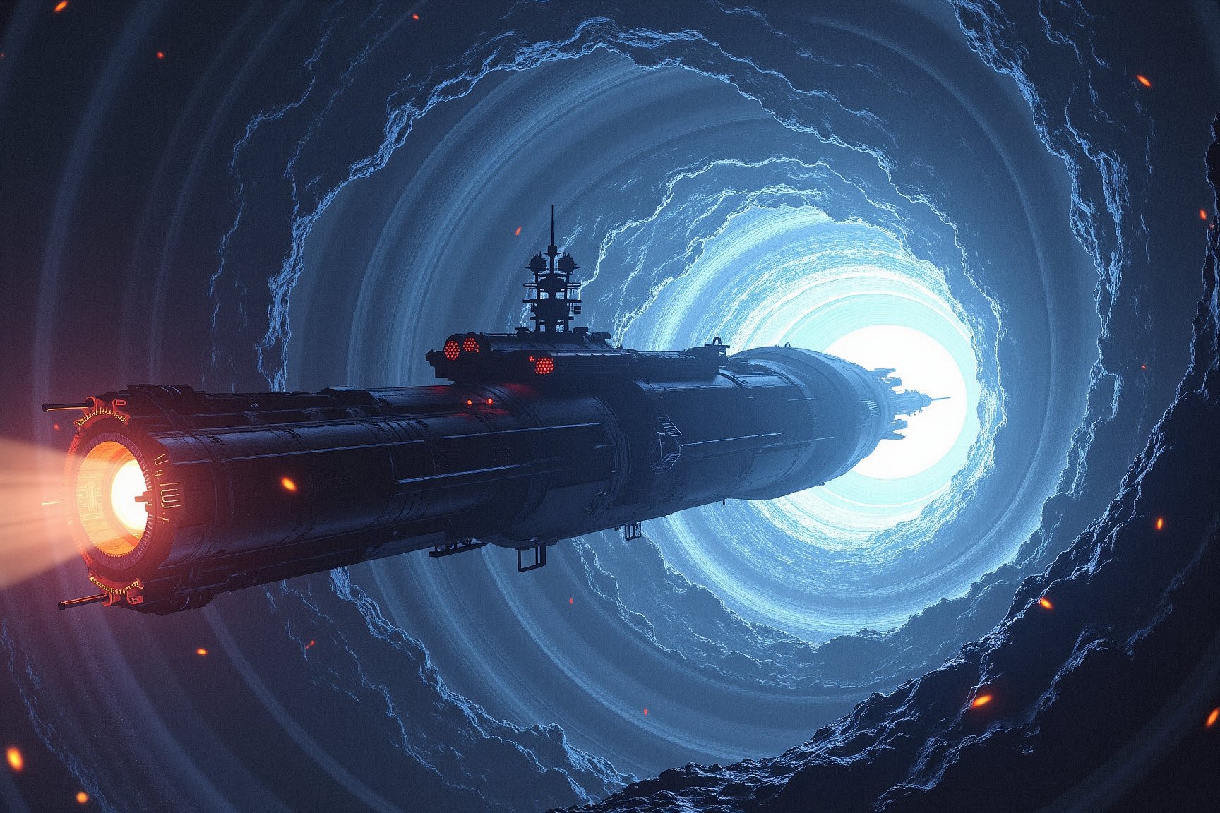 ultrarealistic space battleship entering a twister worm hole,realistc swirlingstars 