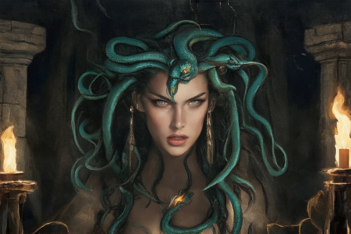 Medusa, a serpent-haired mythological creature, stares defiantly from the shadows. Framed by ancient ruins, her gaze pierces through the darkness, illuminated only by the faint light of flickering torches. Her expression is one of fierce determination, her eyes burning with an inner fire. The camera's low angle emphasizes her towering presence, as if she rises from the very stones themselves.